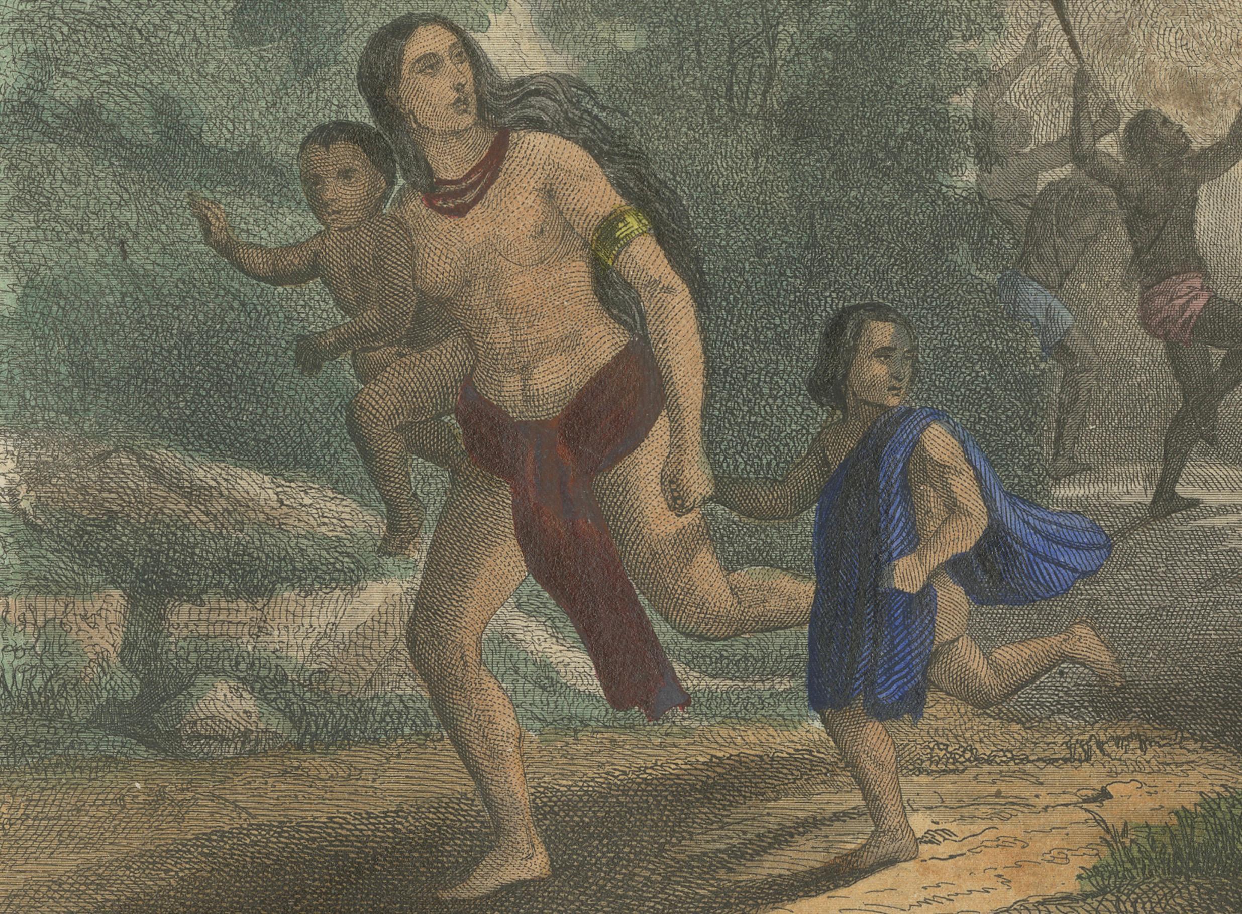 Mid-19th Century Burning of a Village in Chahary, Madagascar: Hand-Colored 19th Century Engraving For Sale