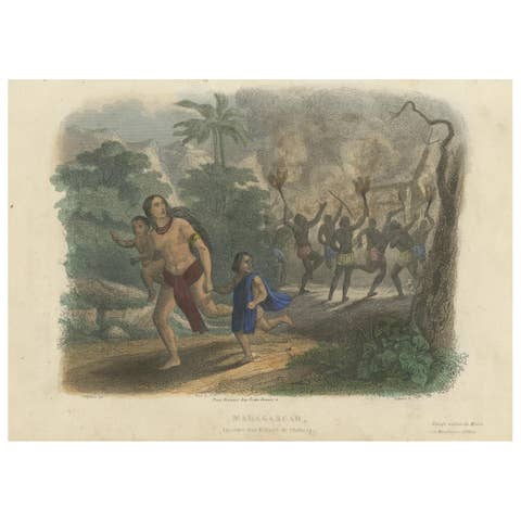 Burning of a Village in Chahary, Madagascar: Hand-Colored 19th Century Engraving