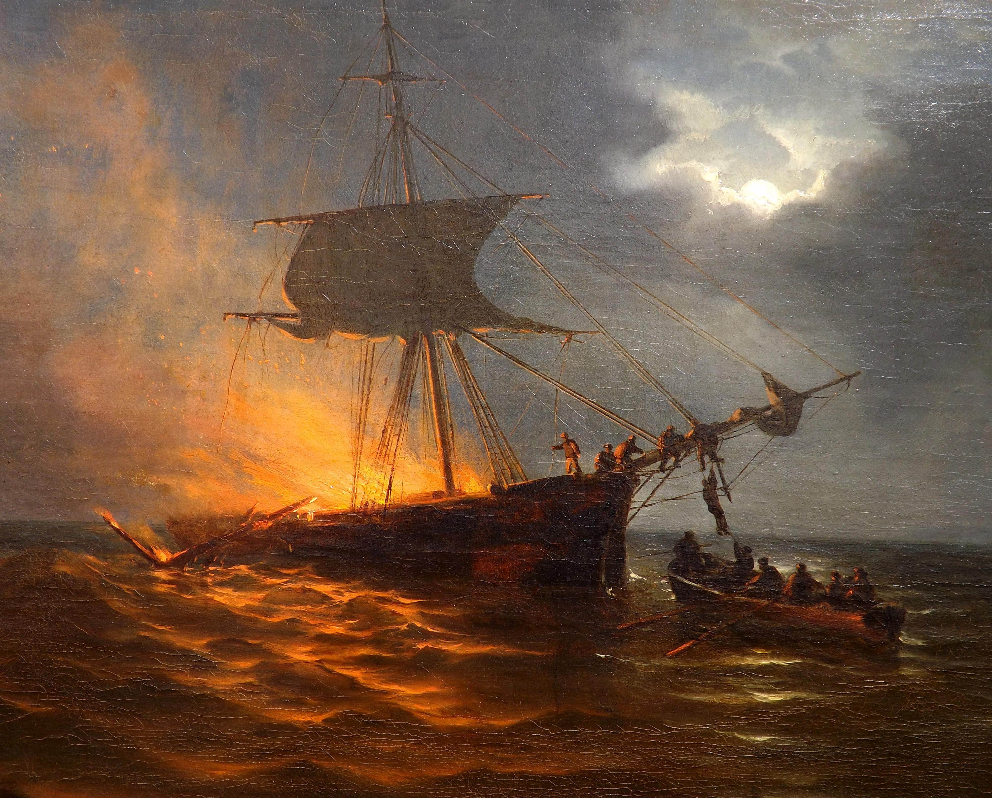 An epic painting of a ship burning while at sea during the night by Dutch maritime painter George Lourens Kiers. The flames rise high into the moonlit night as the crew quickly climbs down the rigging to an awaiting rowboat. A figure, presumably the