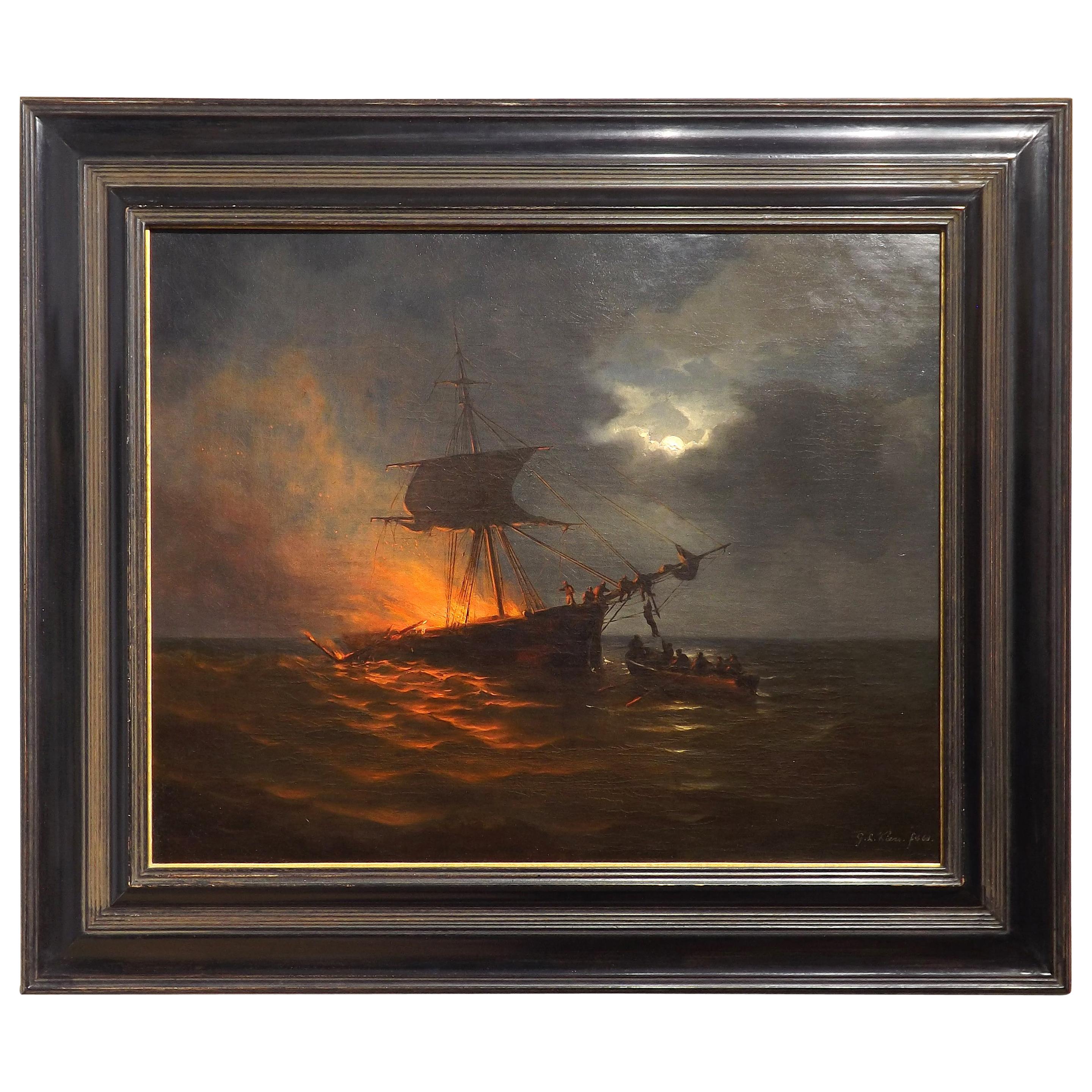 Burning Ship at Sea, Oil Painting by George Lourens Kiers Dated 1868 For Sale