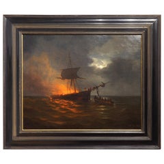 Burning Ship at Sea, Oil Painting by George Lourens Kiers Dated 1868