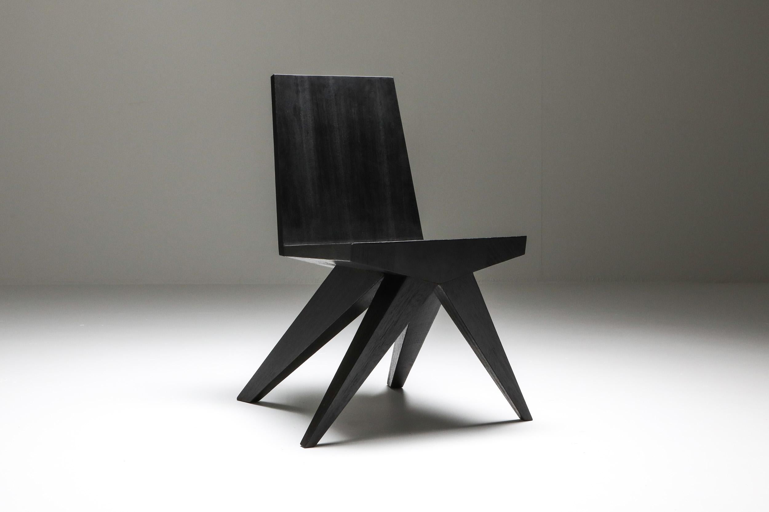 Brutalist Burnished and Waxed Black V-Dining Chair