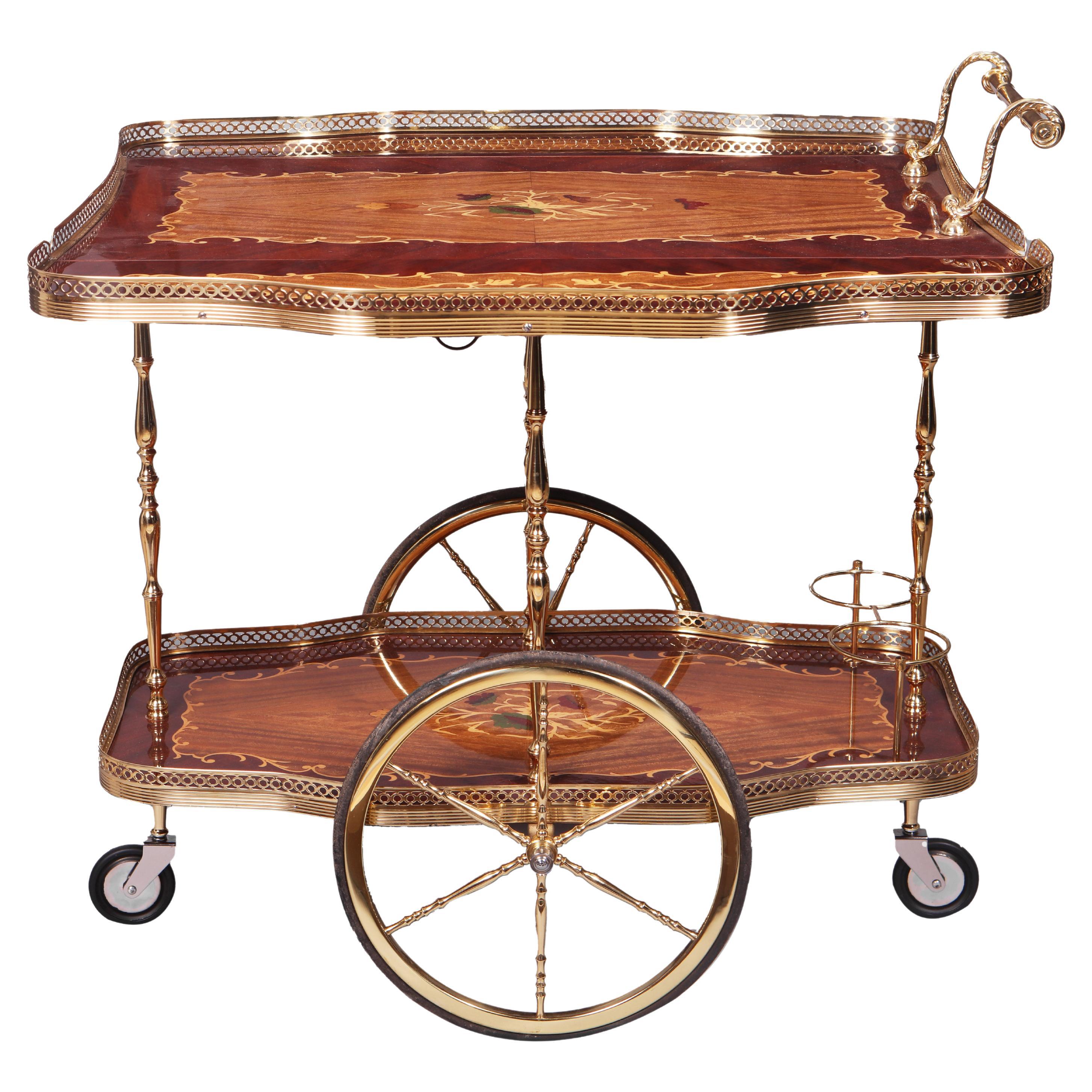 Chariot pour boissons en laiton bruni du milieu du siècle - Chariot de bar avec côtés à feuilles tombantes