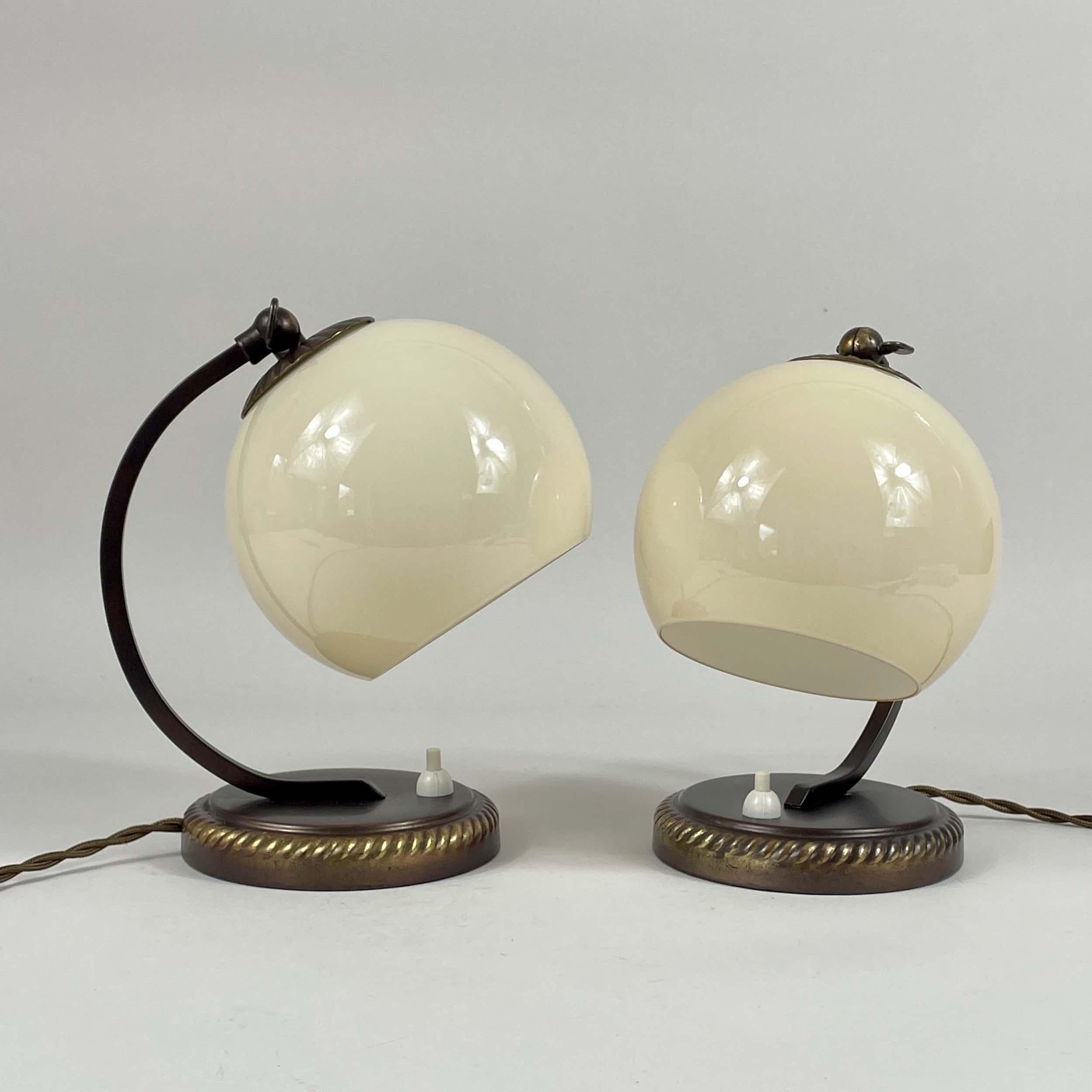 Burnished Brass & Opaline Glass Table Lamps, Germany 1930s For Sale 5