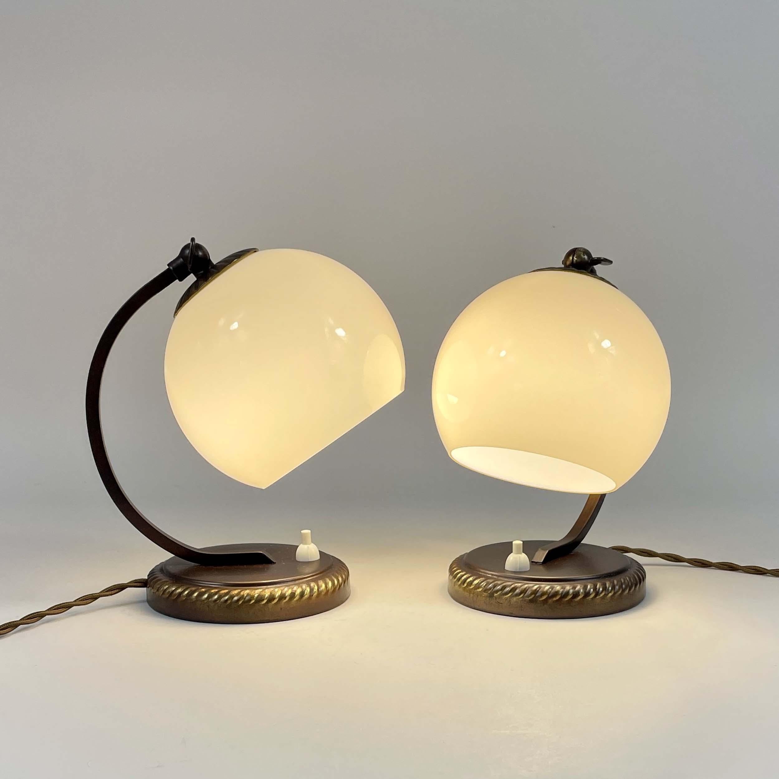 Burnished Brass & Opaline Glass Table Lamps, Germany 1930s For Sale 6