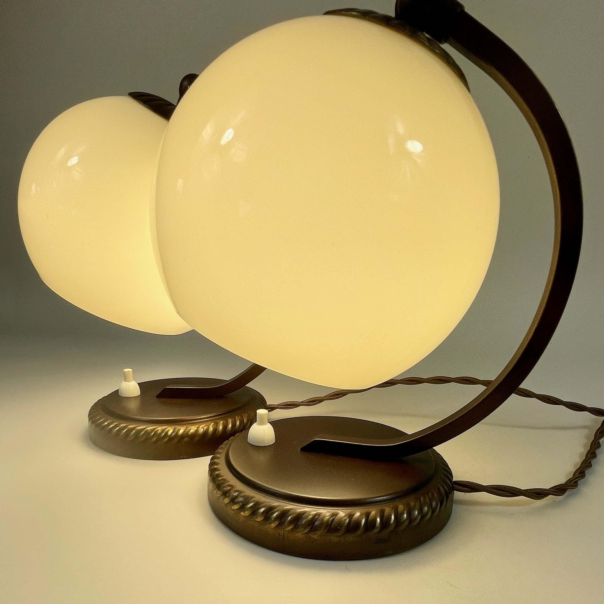 Burnished Brass & Opaline Glass Table Lamps, Germany 1930s For Sale 7