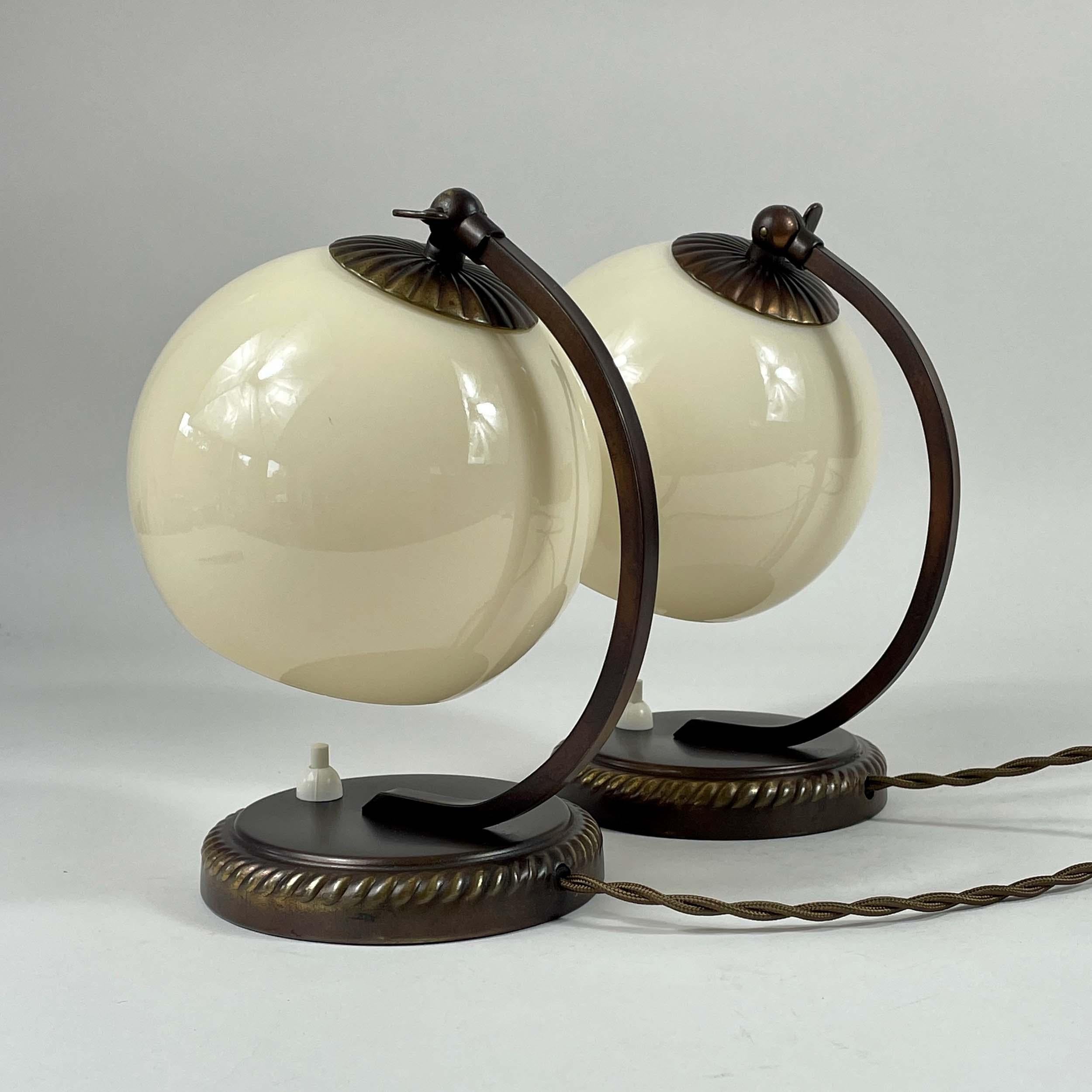 Burnished Brass & Opaline Glass Table Lamps, Germany 1930s For Sale 9