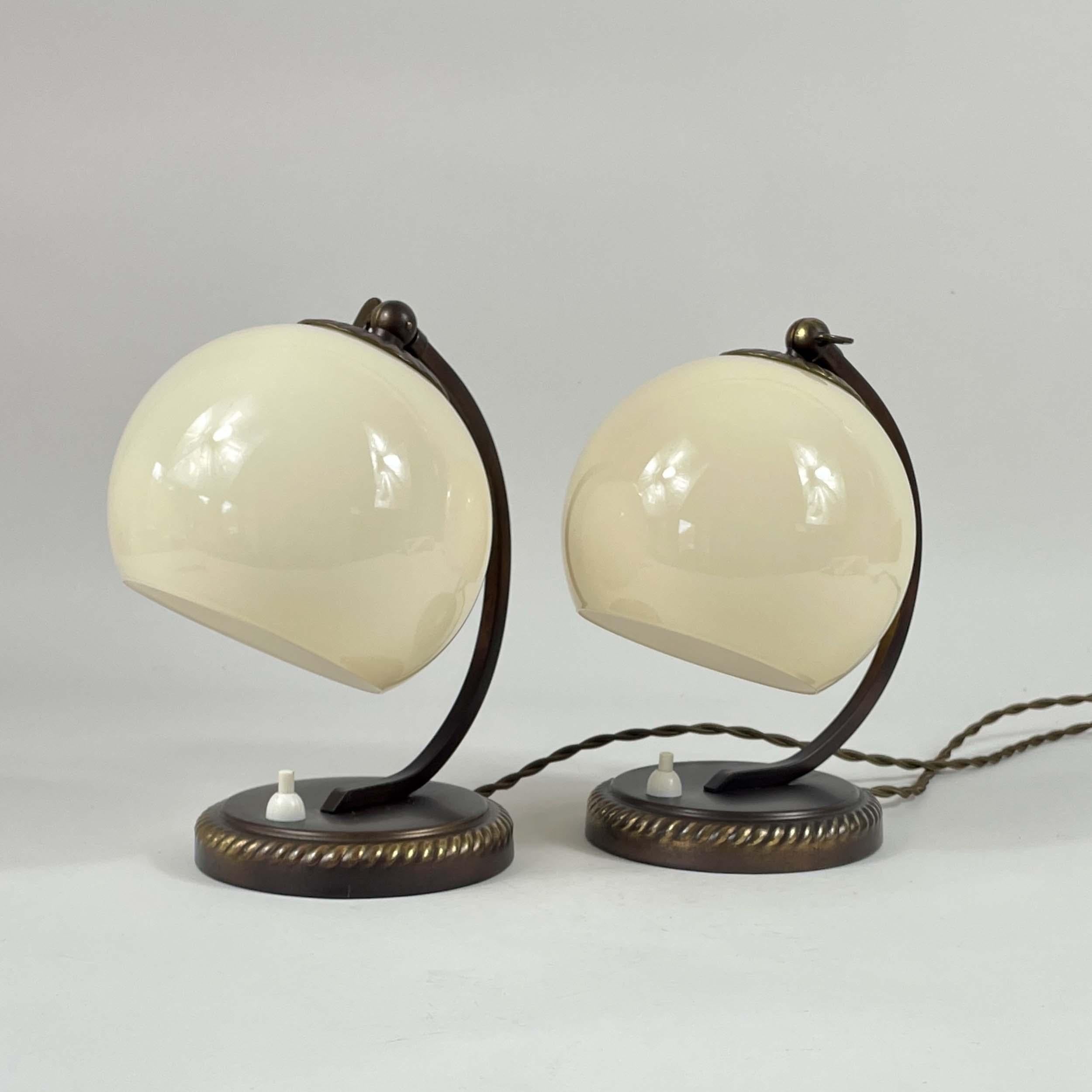 Burnished Brass & Opaline Glass Table Lamps, Germany 1930s For Sale 10