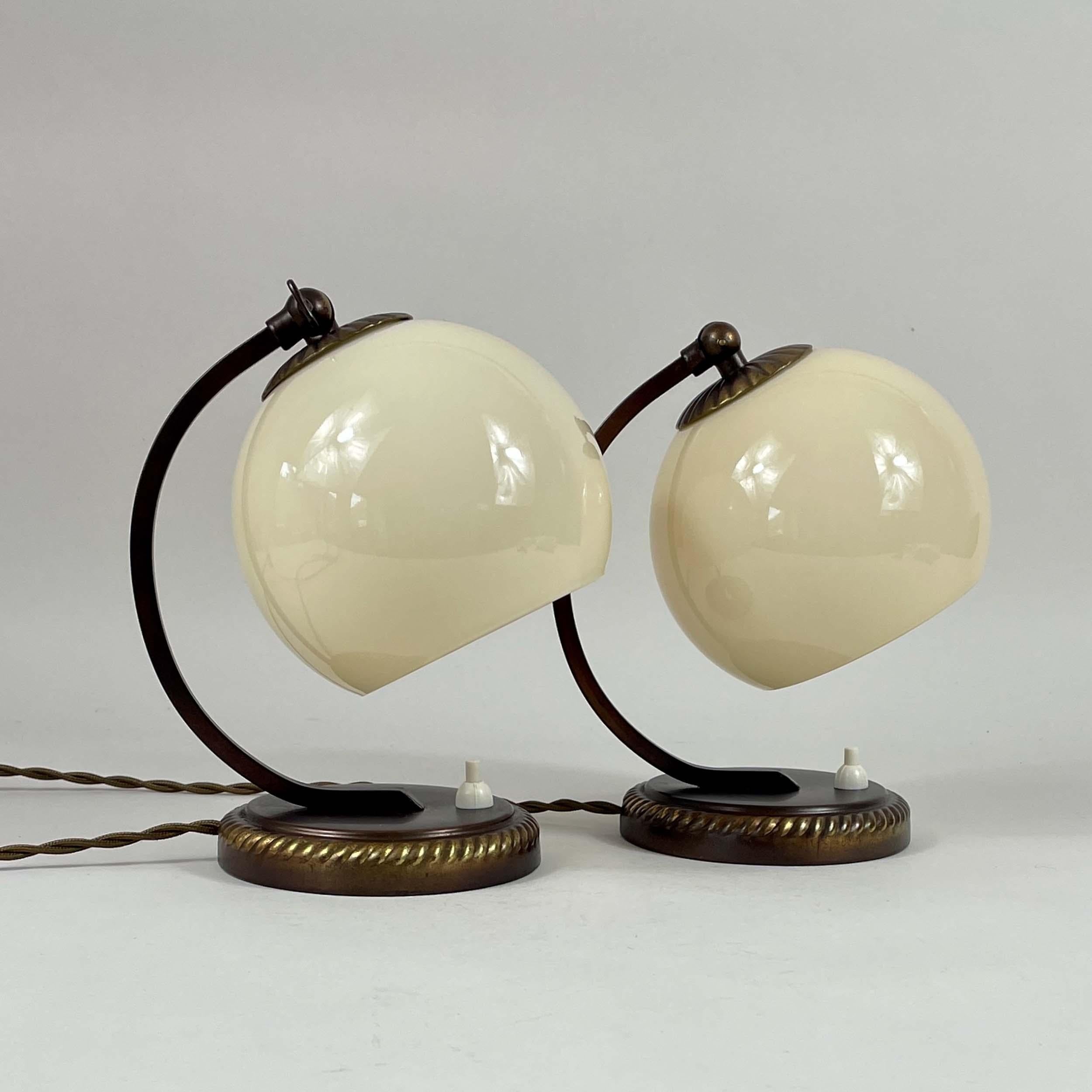 Burnished Brass & Opaline Glass Table Lamps, Germany 1930s For Sale 11