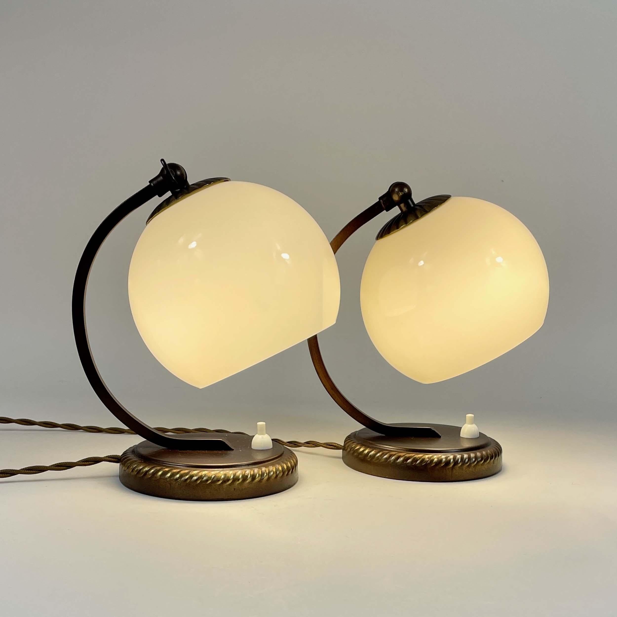 Burnished Brass & Opaline Glass Table Lamps, Germany 1930s For Sale 13