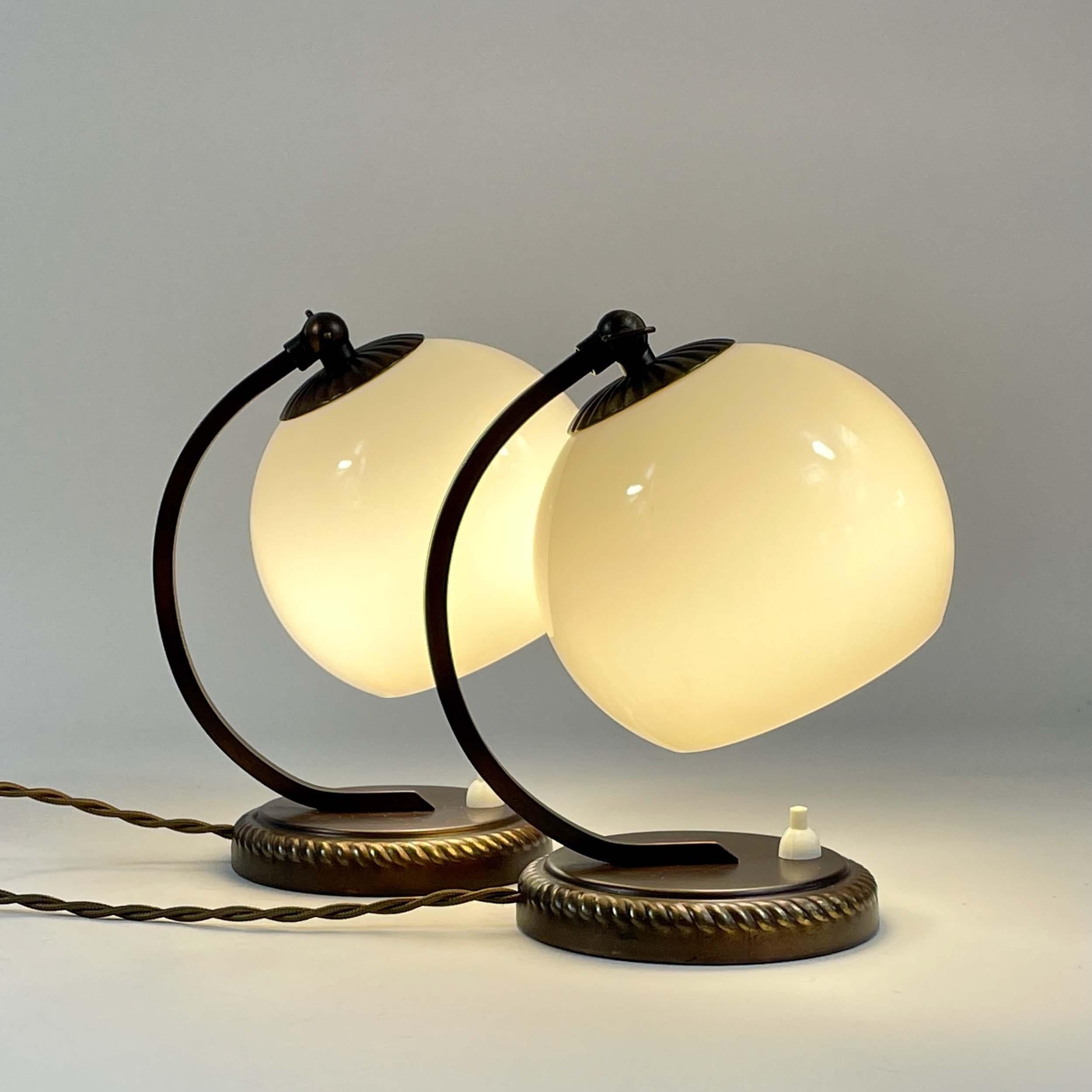 Art Deco Burnished Brass & Opaline Glass Table Lamps, Germany 1930s For Sale