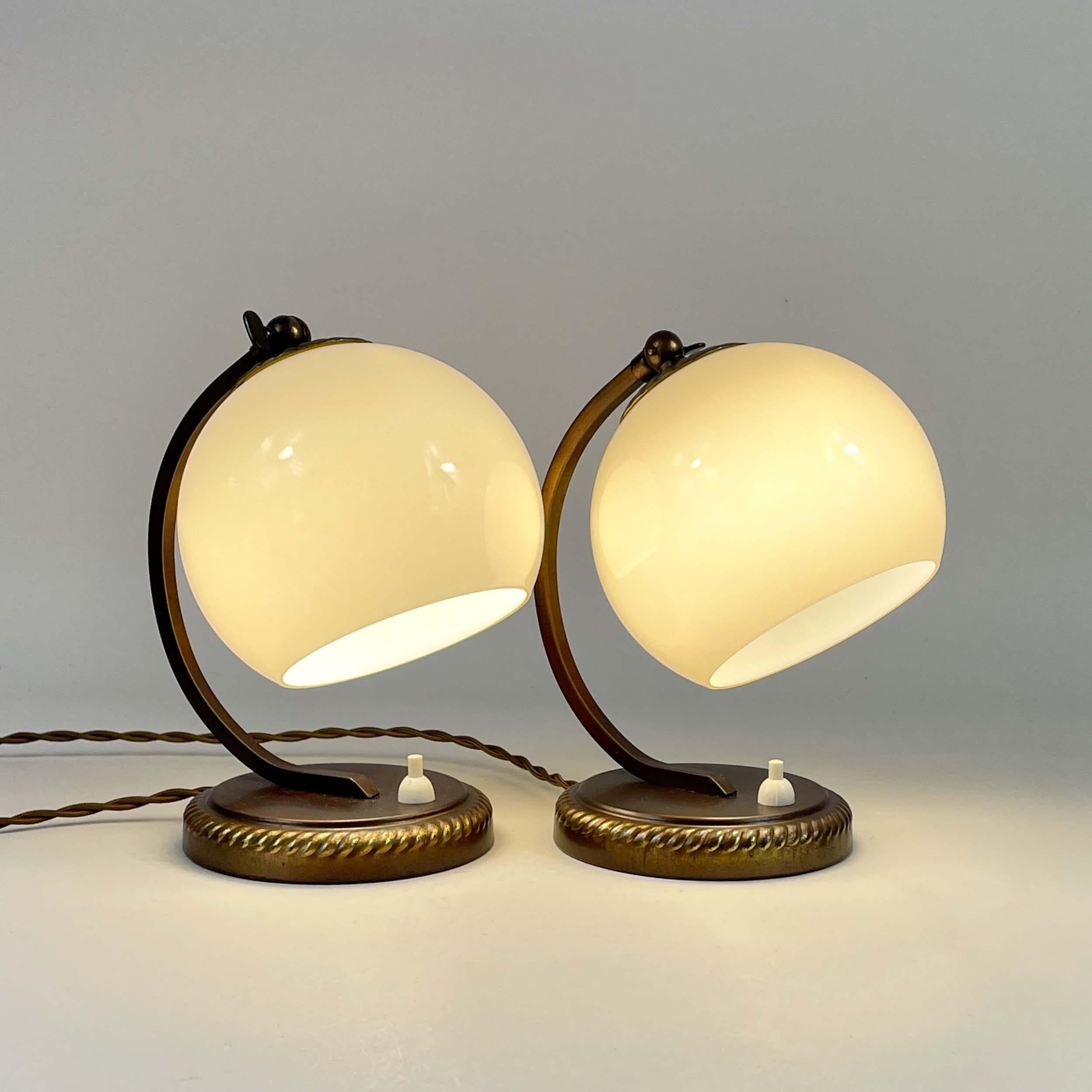 Mid-20th Century Burnished Brass & Opaline Glass Table Lamps, Germany 1930s For Sale