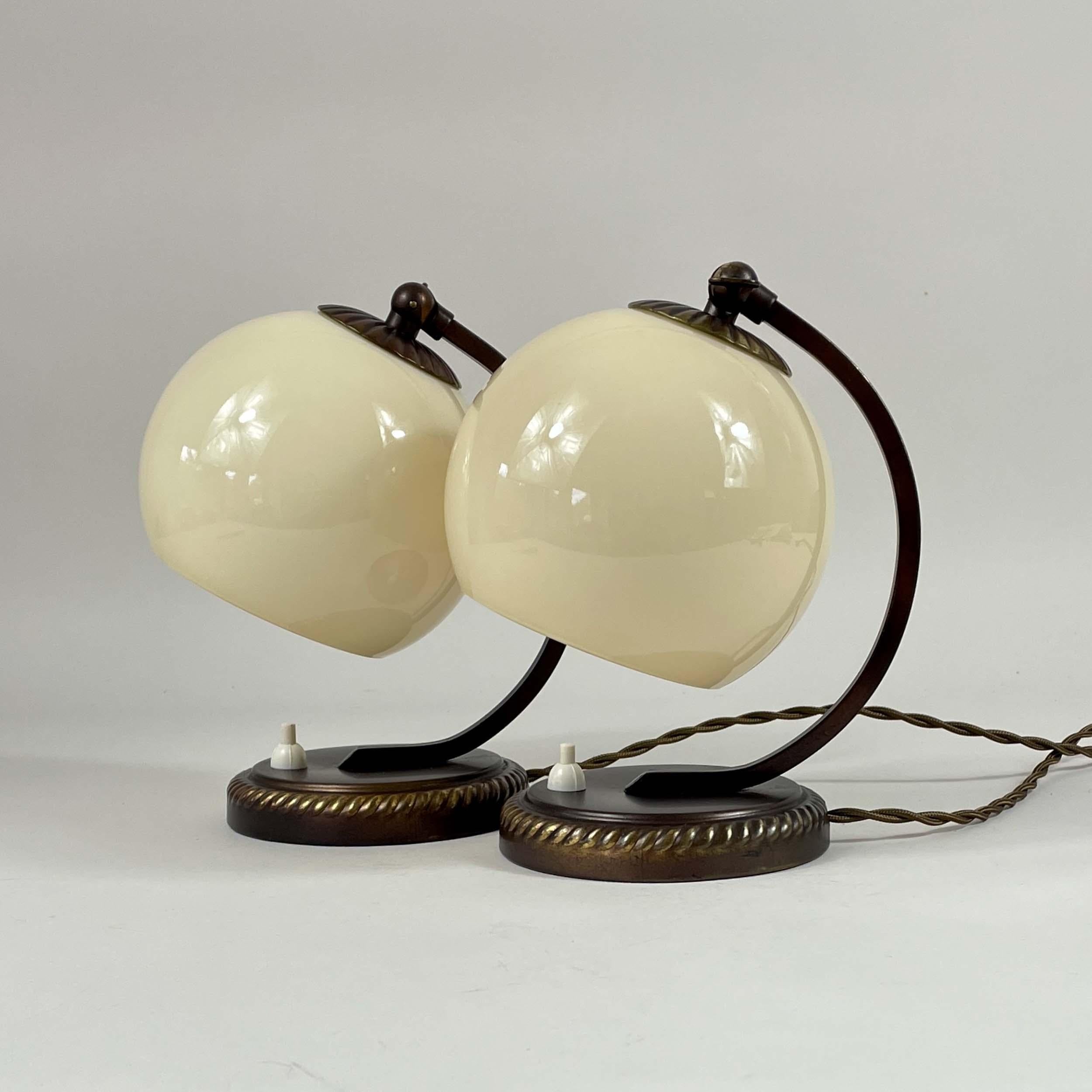 Burnished Brass & Opaline Glass Table Lamps, Germany 1930s For Sale 1