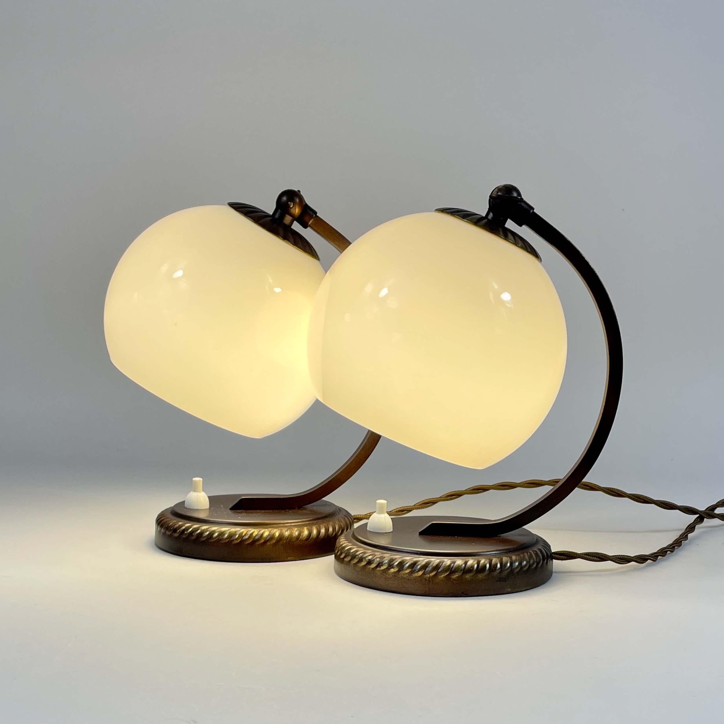 Burnished Brass & Opaline Glass Table Lamps, Germany 1930s For Sale 2
