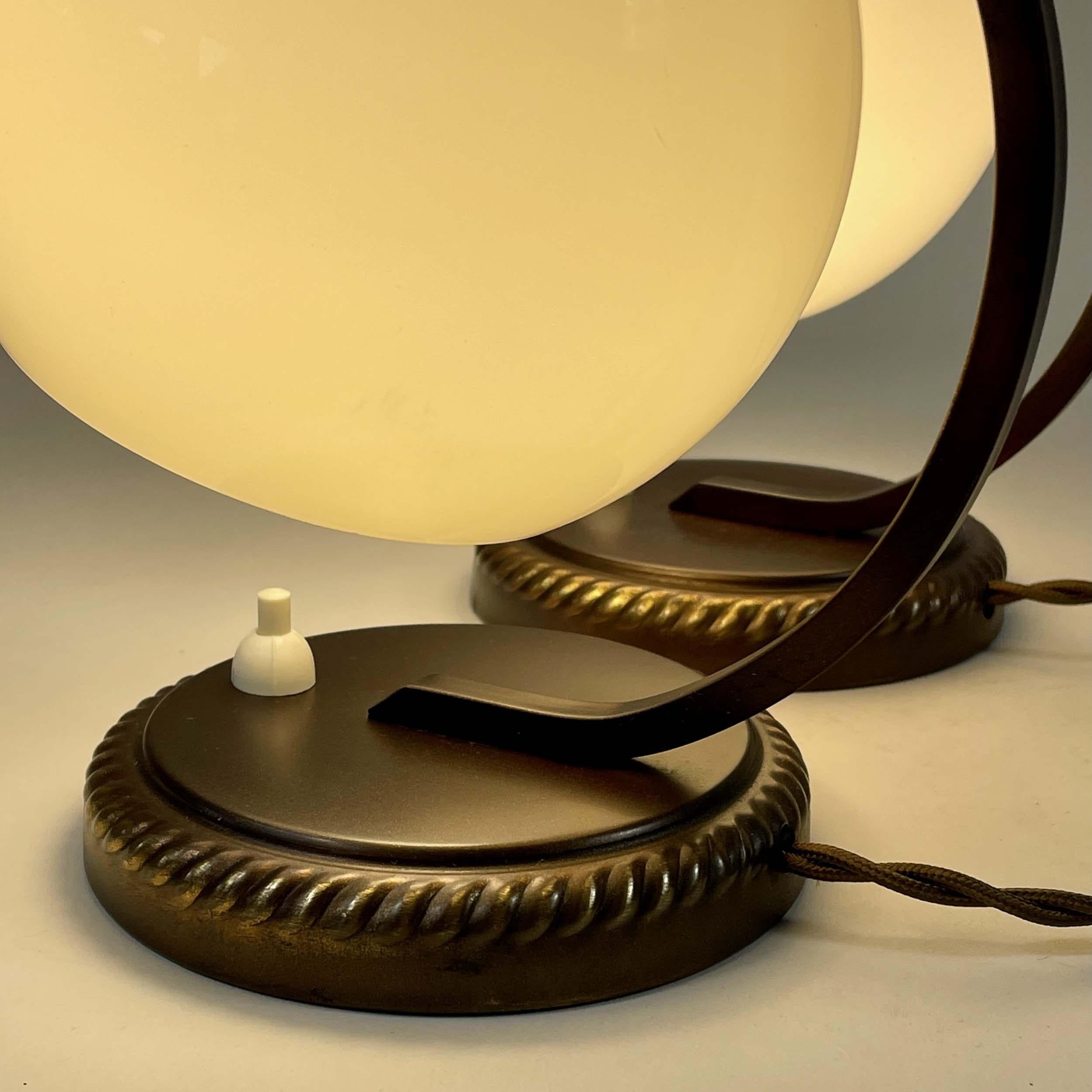 Burnished Brass & Opaline Glass Table Lamps, Germany 1930s For Sale 3