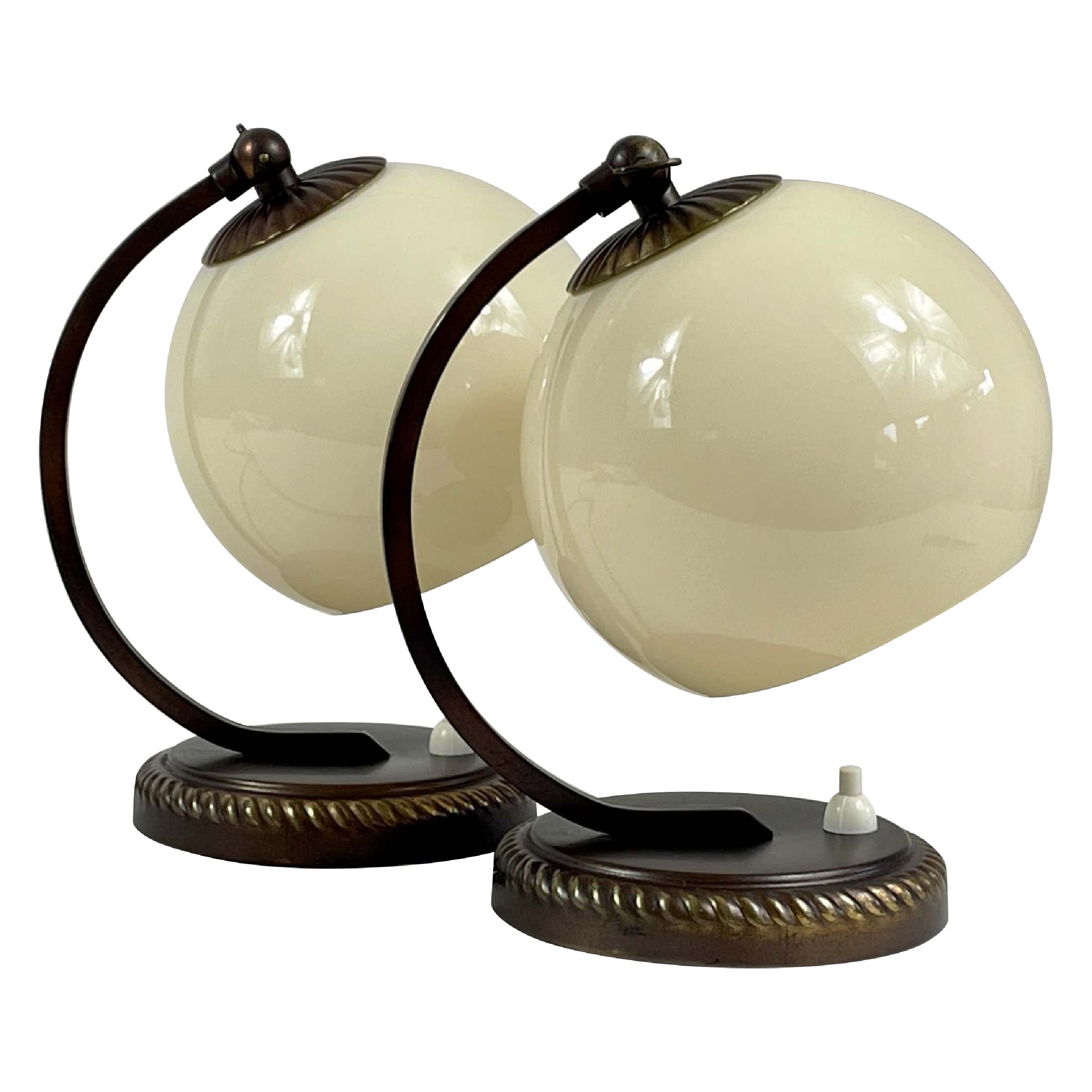 Burnished Brass & Opaline Glass Table Lamps, Germany 1930s For Sale