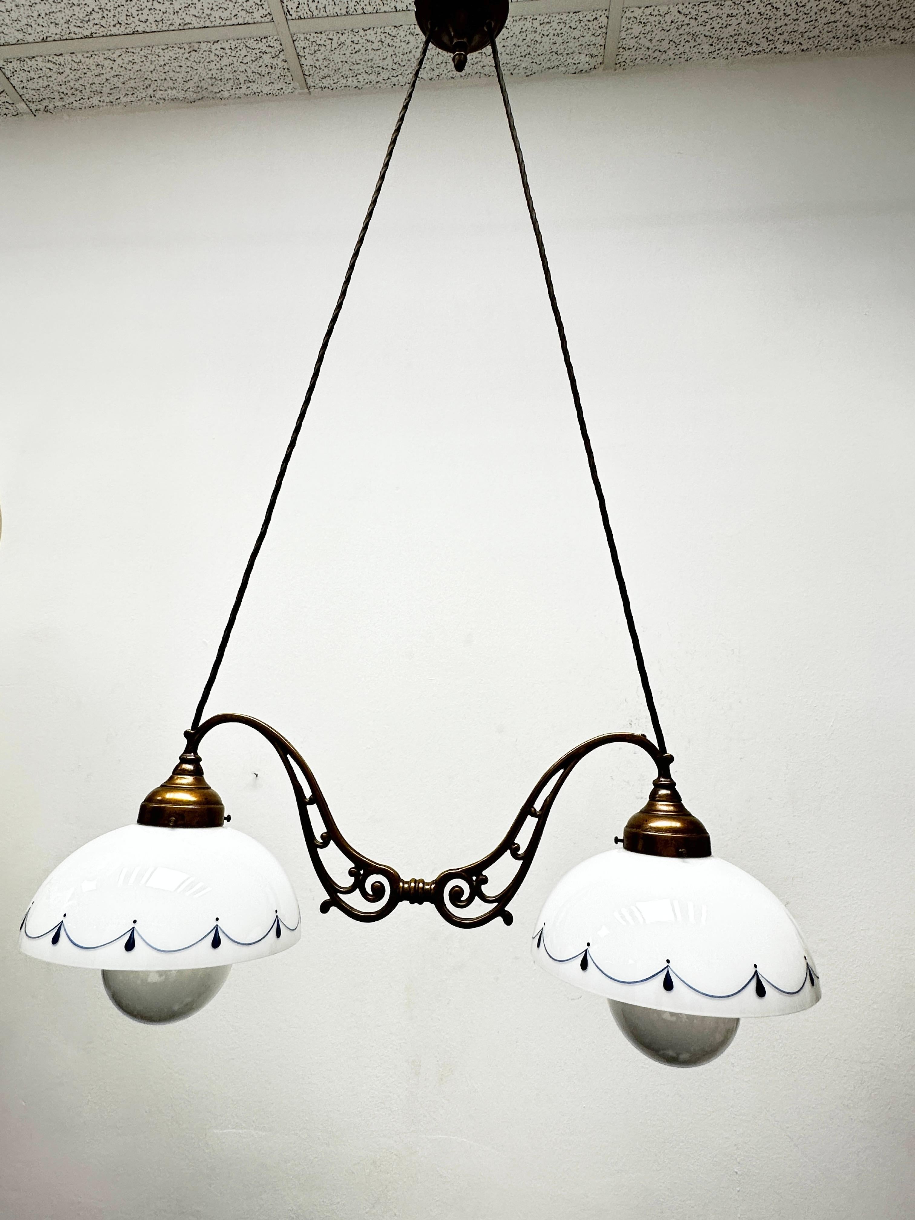 Mid-Century Modern Burnished Brass Pendant Lamp, Farmhouse Style 2 Hanging Lights Vintage Austria For Sale