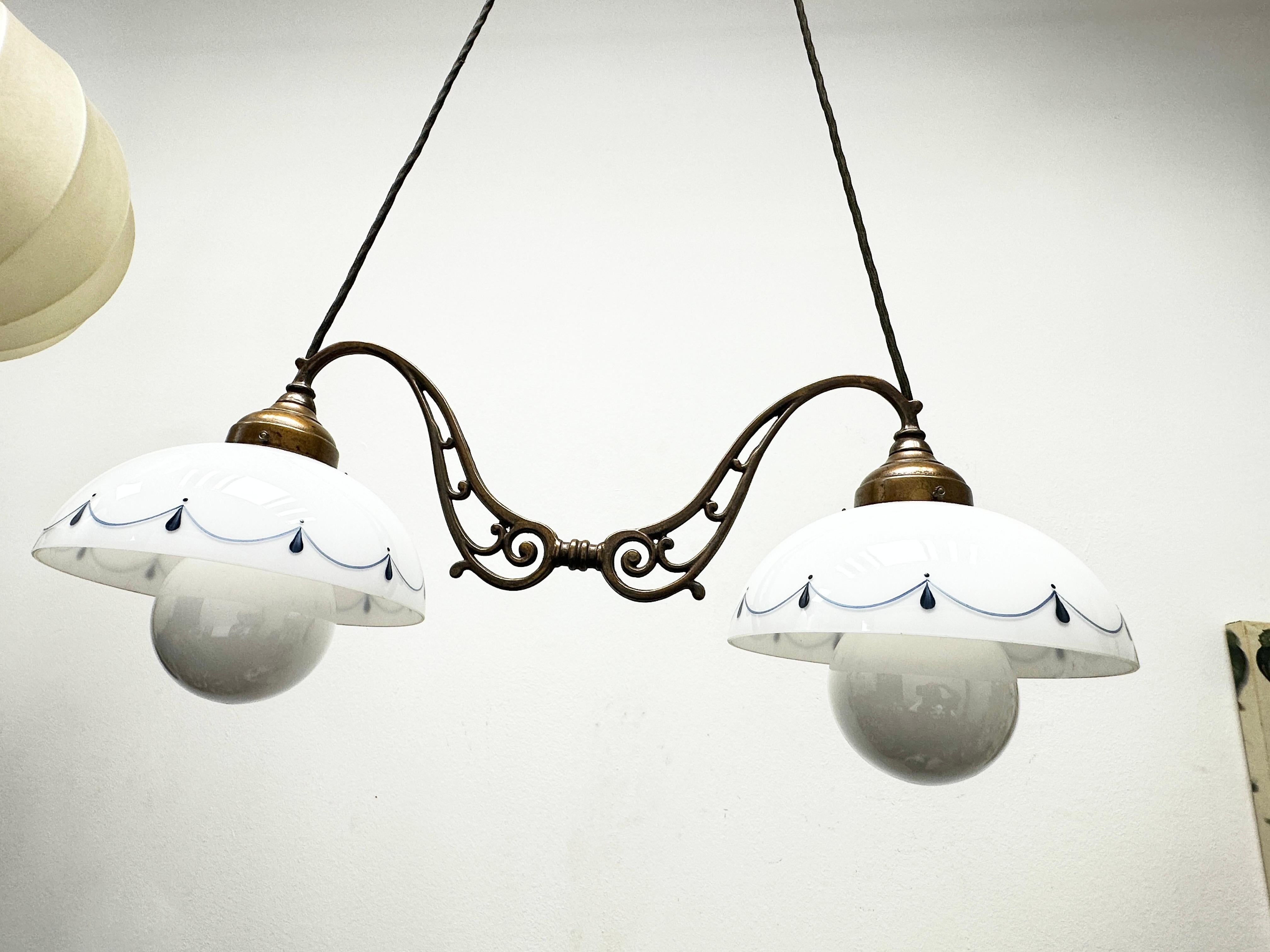 Austrian Burnished Brass Pendant Lamp, Farmhouse Style 2 Hanging Lights Vintage Austria For Sale