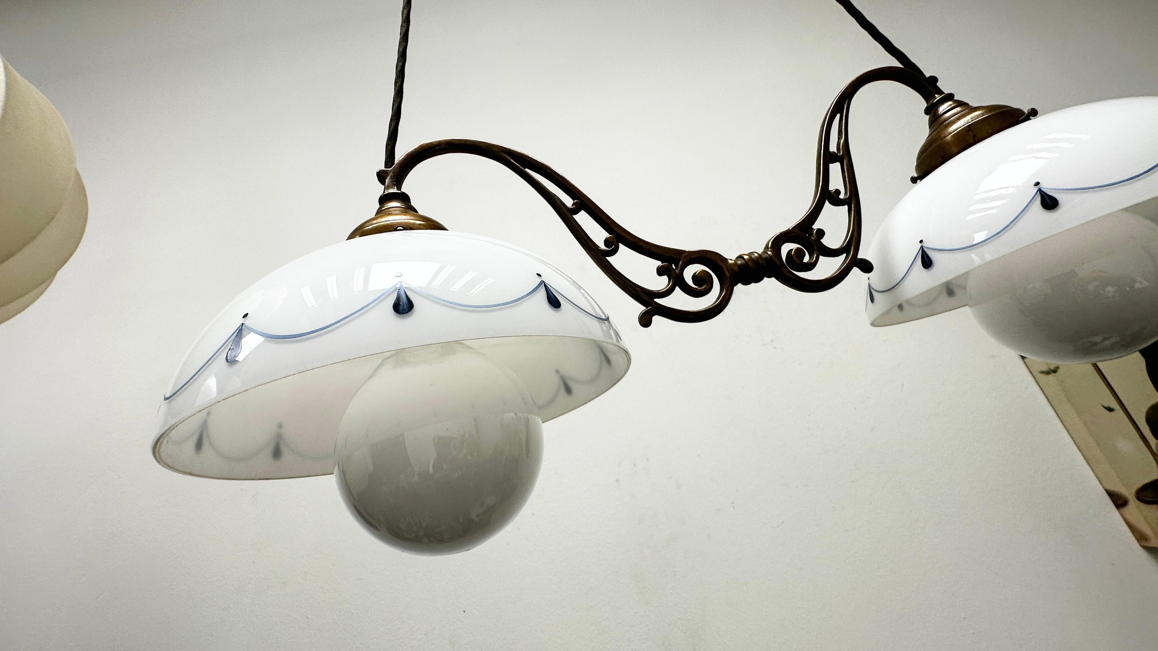 Glass Burnished Brass Pendant Lamp, Farmhouse Style 2 Hanging Lights Vintage Austria For Sale