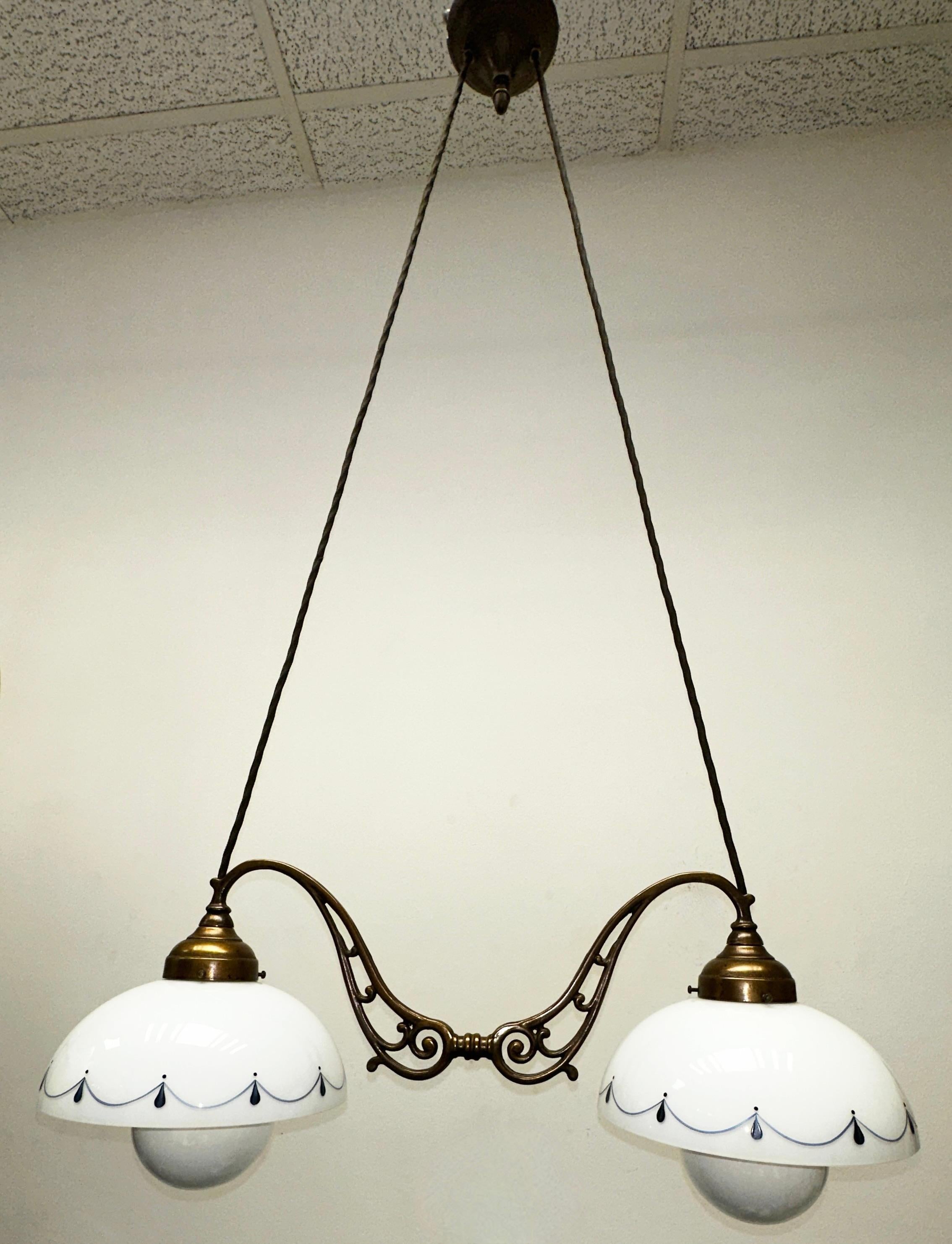 Burnished Brass Pendant Lamp, Farmhouse Style 2 Hanging Lights Vintage Austria For Sale 2