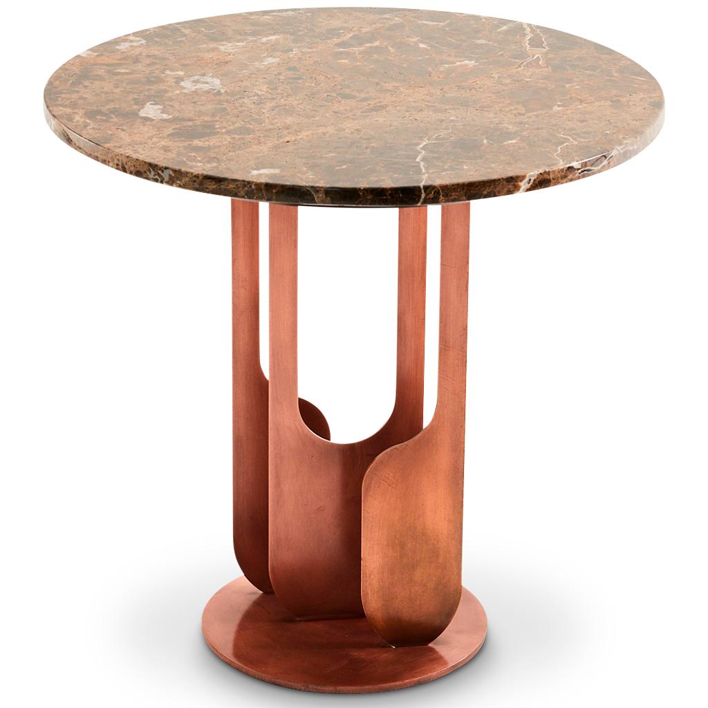 The modern Drop side table has a polished Emperador marble top which is positioned onto a burnished copper plated steel vase. This side table is extremely versatile and can be customized. 




 