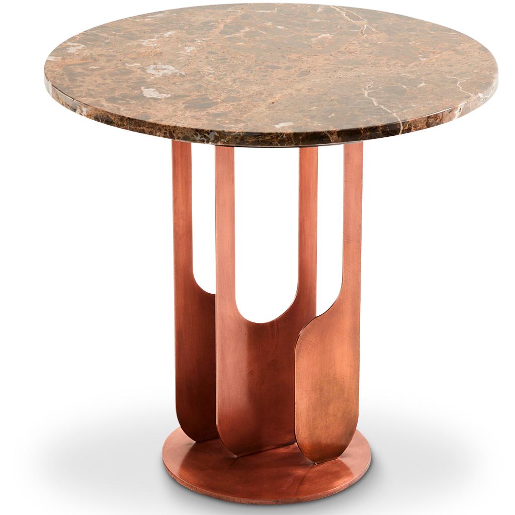 burnished copper side table with marble top