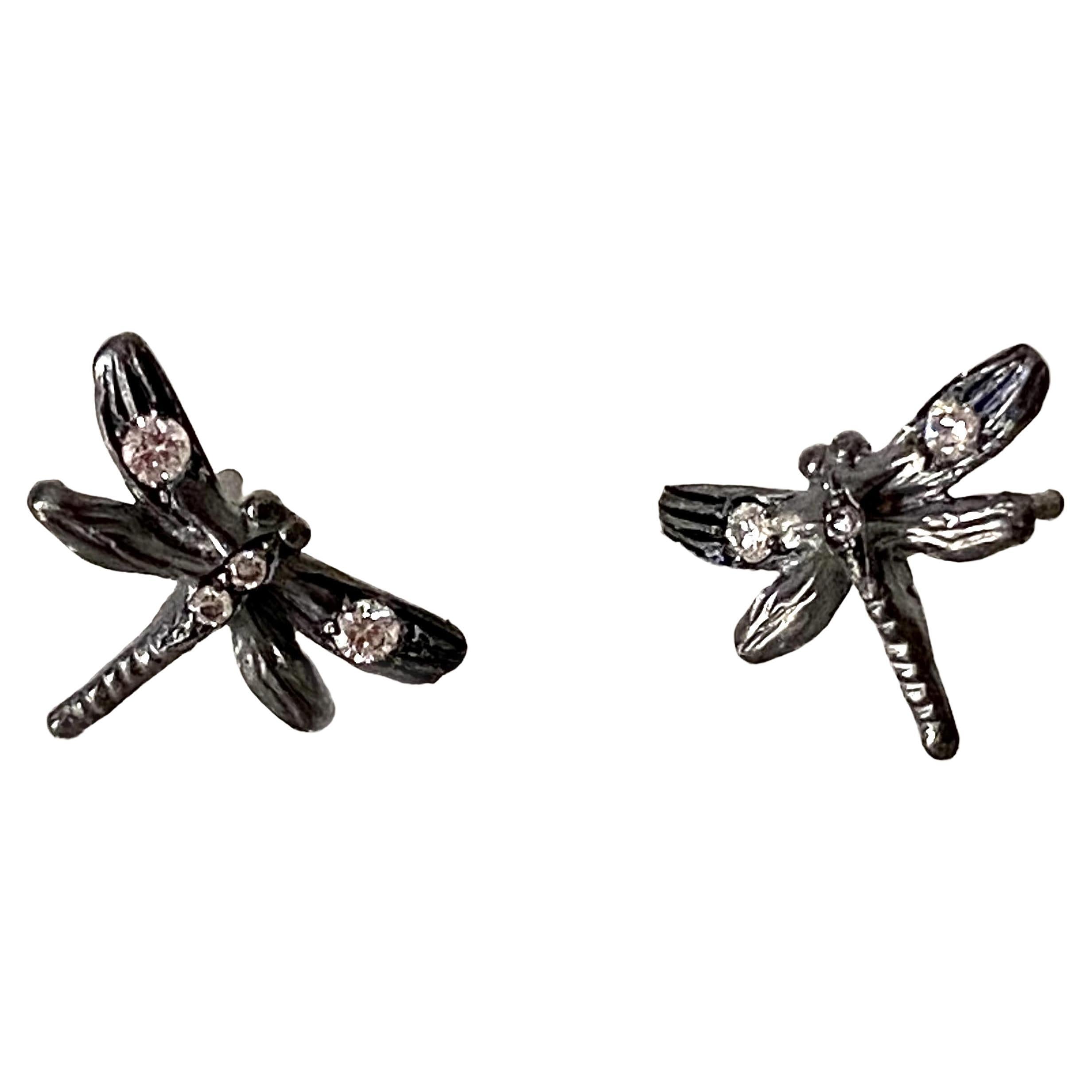Burnished Dragonfly Rock Style Silver and Diamonds Rock Stud Modern Earrings