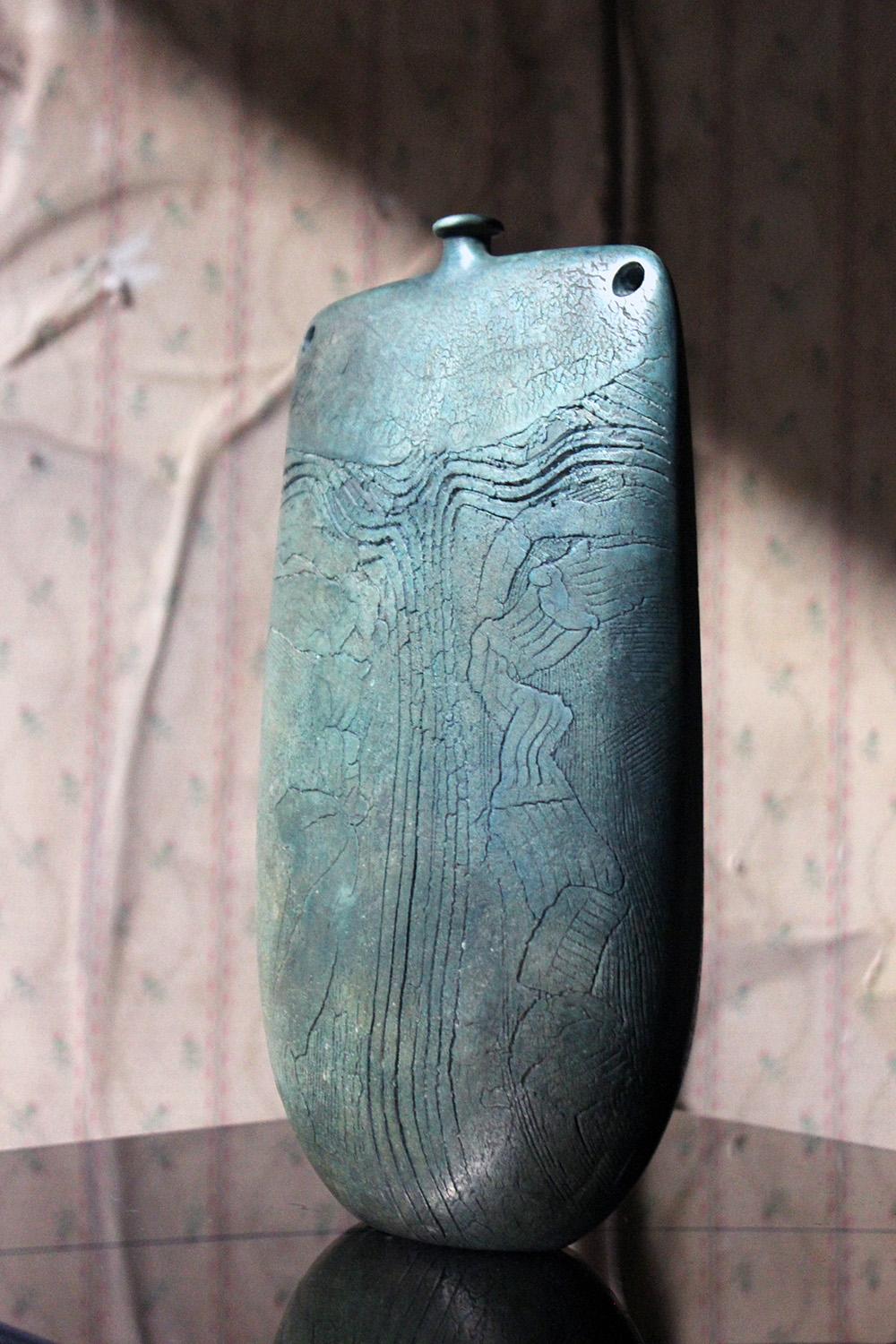 Burnished Jade Green Bottle Vase by Peter Hayes, circa 1984 4