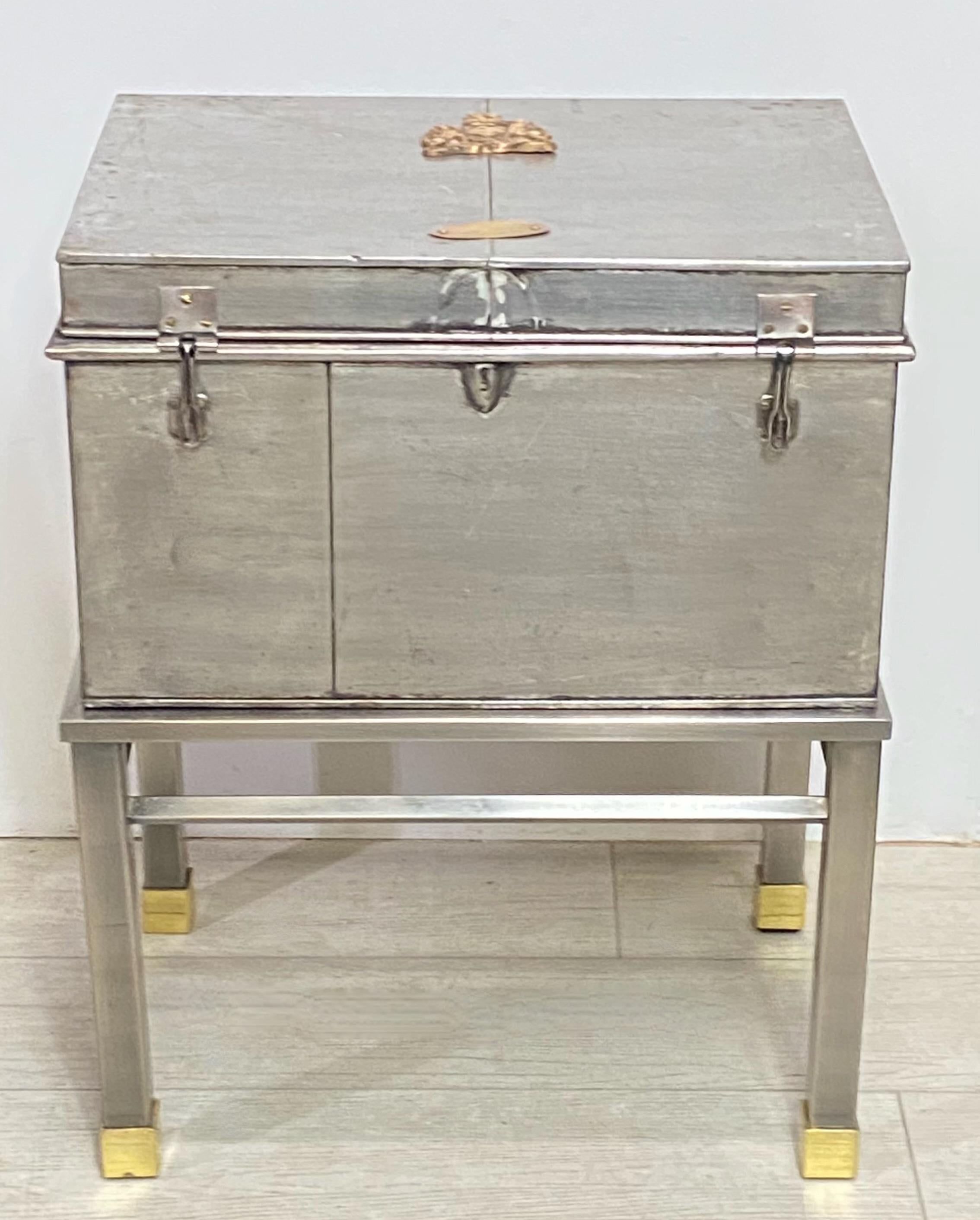 English Burnished Steel and Brass Box on Stand, England 19th Century For Sale