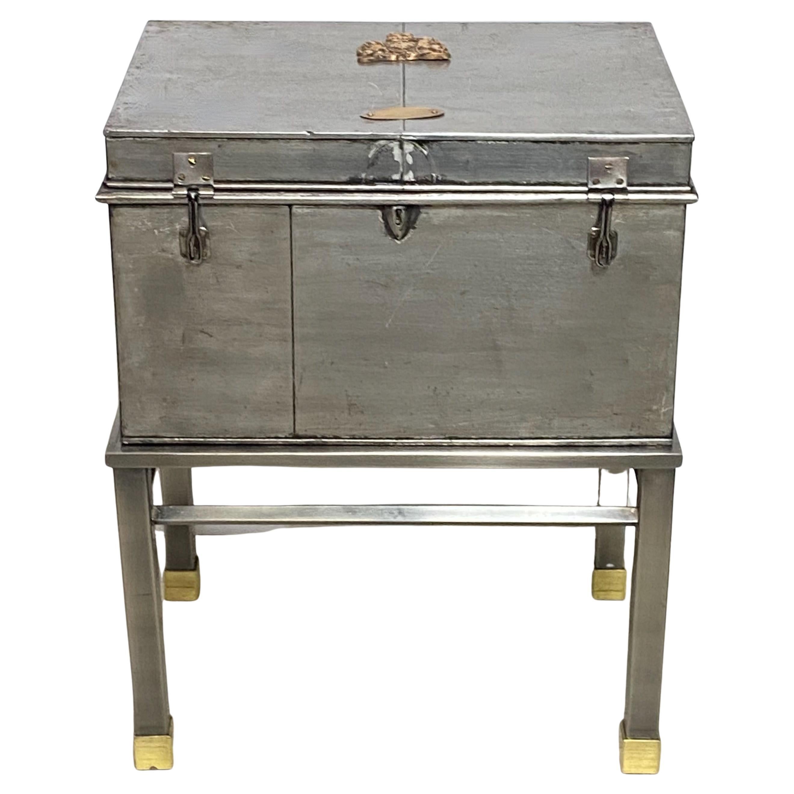 Burnished Steel and Brass Box on Stand, England 19th Century For Sale
