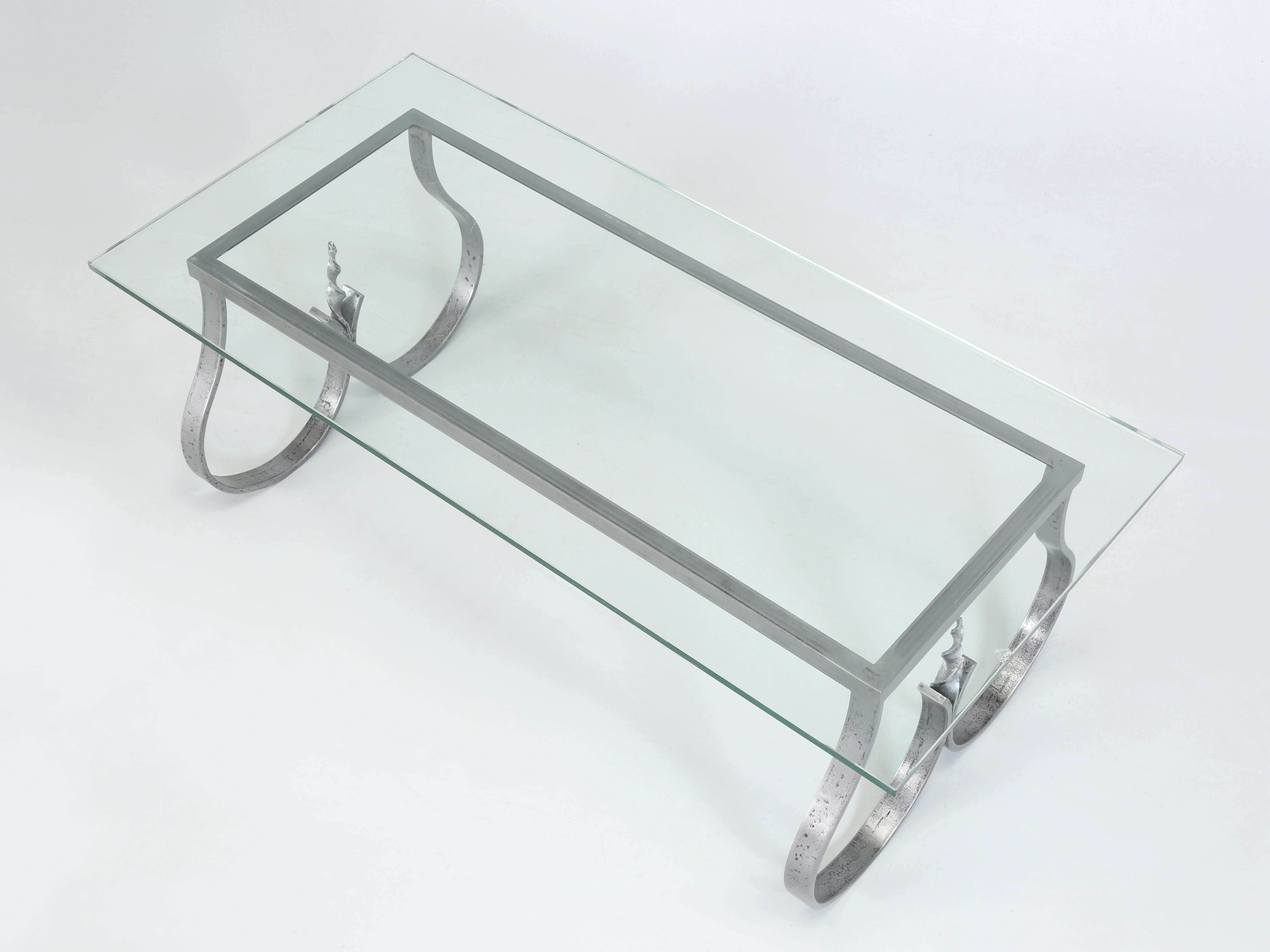 French Burnished Steel and Glass Coffee Table from the 1960's  For Sale