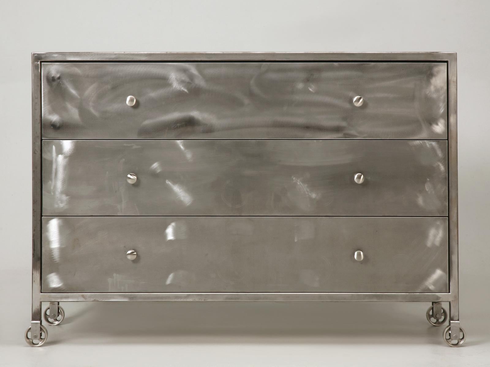 Custom made to spec hand fabricated steel chest of drawers, available in any size or configuration. Available with brass, or nickel casters, functioning, or locked in place. We have also made them with marble tops for use as a bathroom vanity and