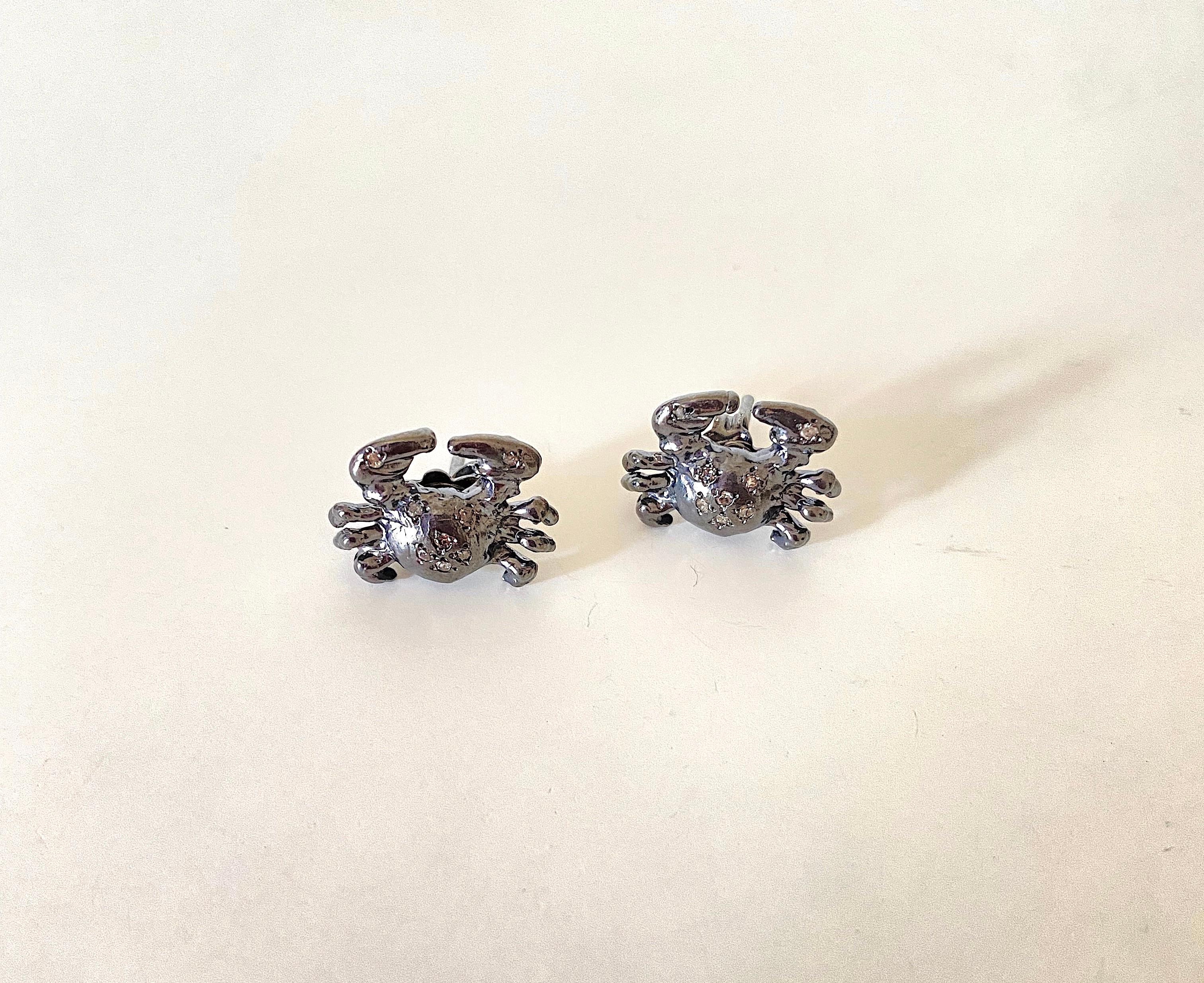Modern Burnished Sterling Silver Brown Diamonds Cancer Zodiac Sign Stud Earrings For Sale