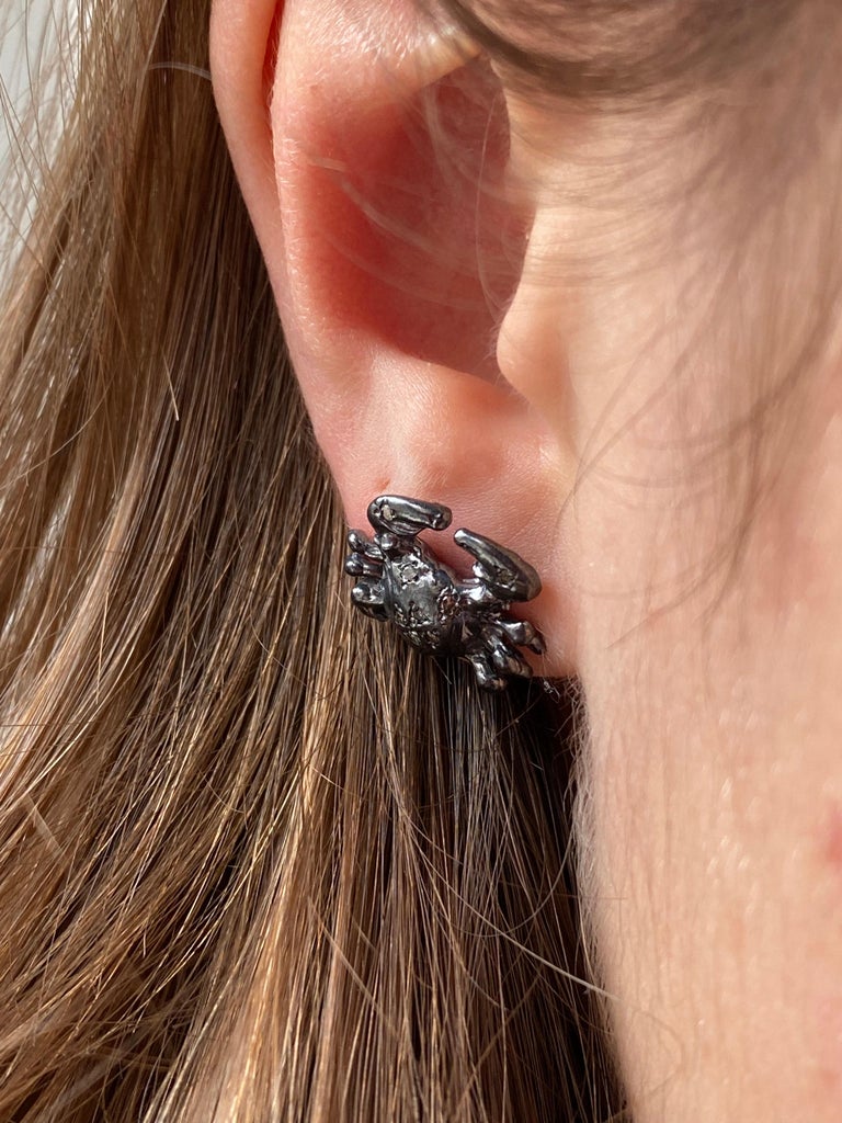 Burnished Sterling Silver Brown Diamonds Cancer Zodiac Sign Stud