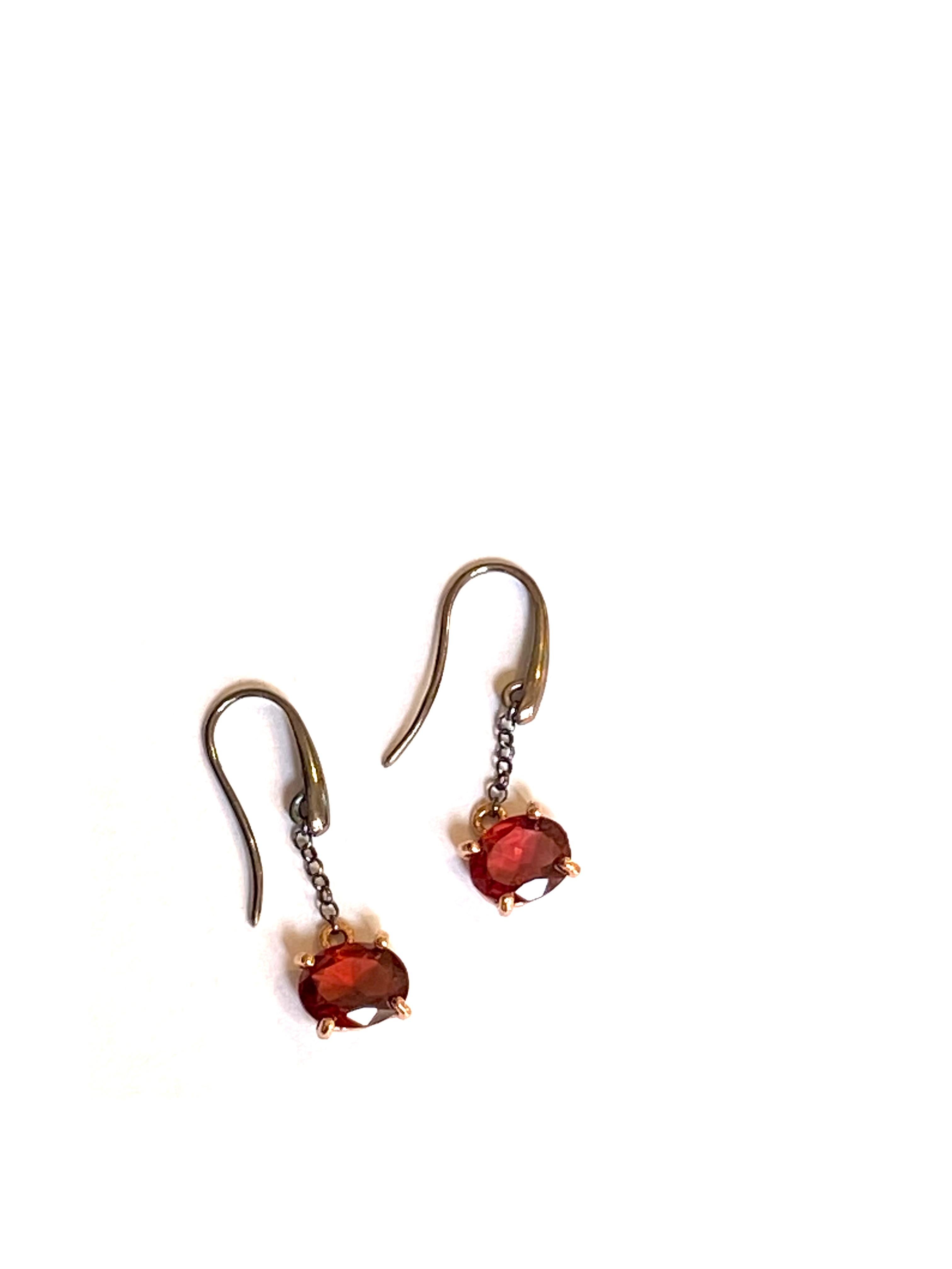 Oval Cut Burnished Sterling Silver Rose Gold Garnet Lever-Back Dangle Earrings For Sale