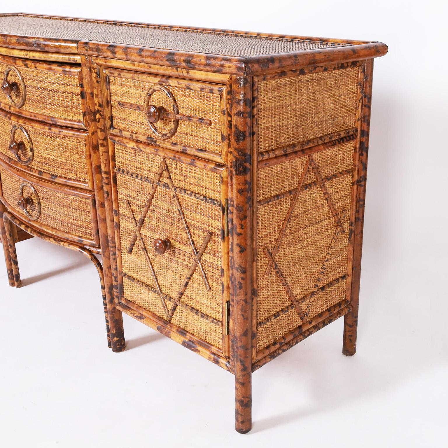 British Colonial Burnt Bamboo and Grasscloth Credenza or Sideboard