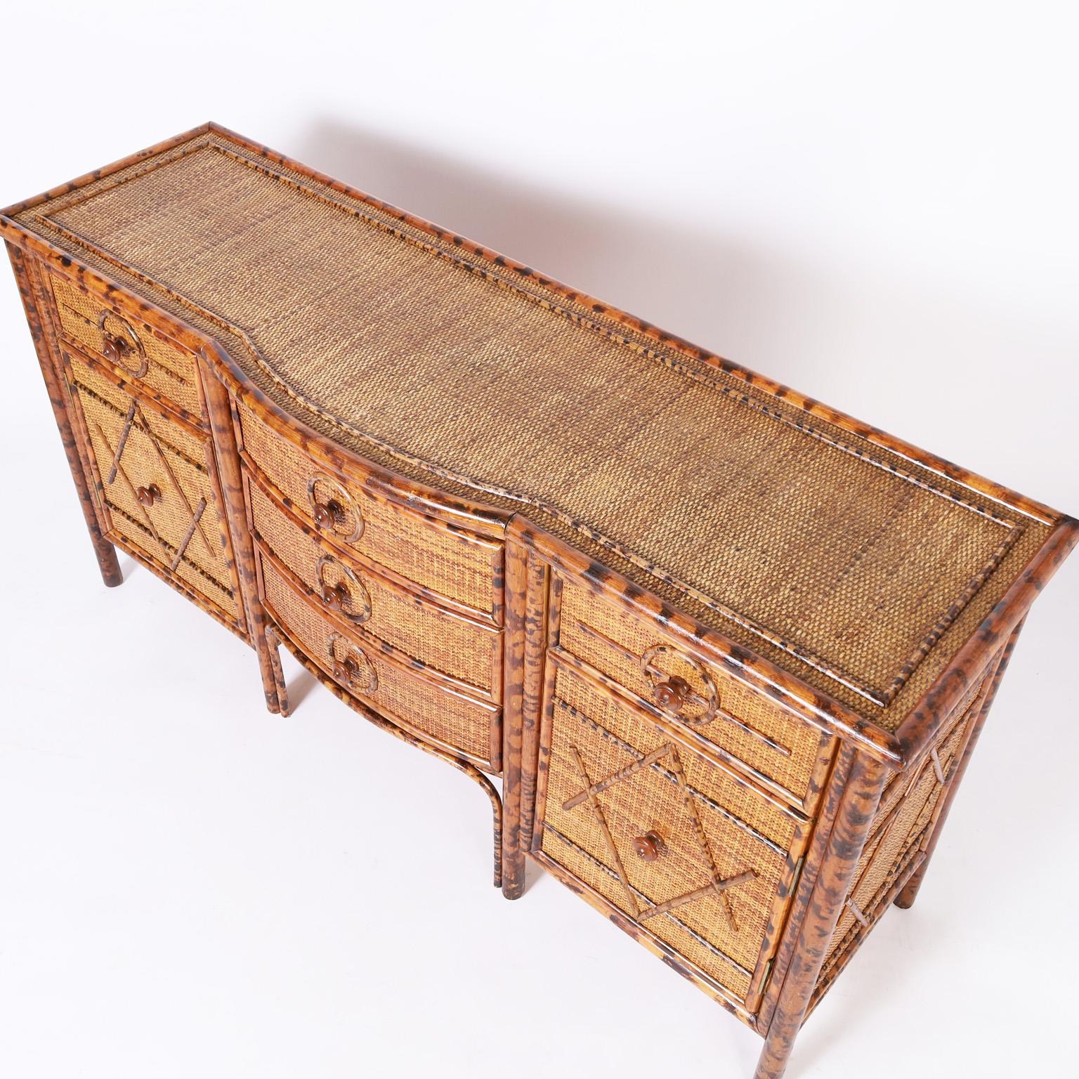 Philippine Burnt Bamboo and Grasscloth Credenza or Sideboard