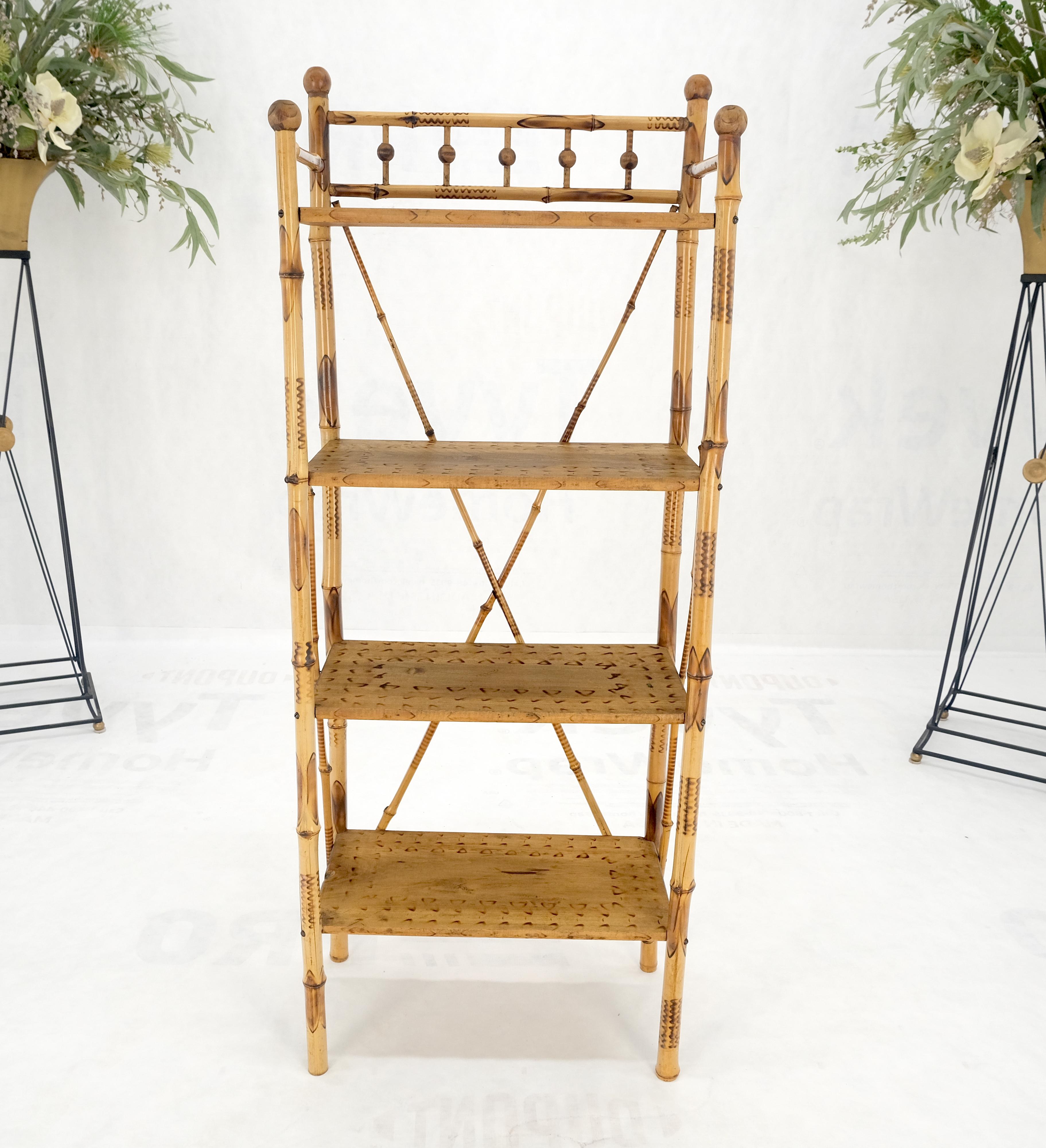 Burnt Bamboo Ball Finials 4 Tier Small Decorative Etagere Shelving Bookcase MINT In Good Condition For Sale In Rockaway, NJ