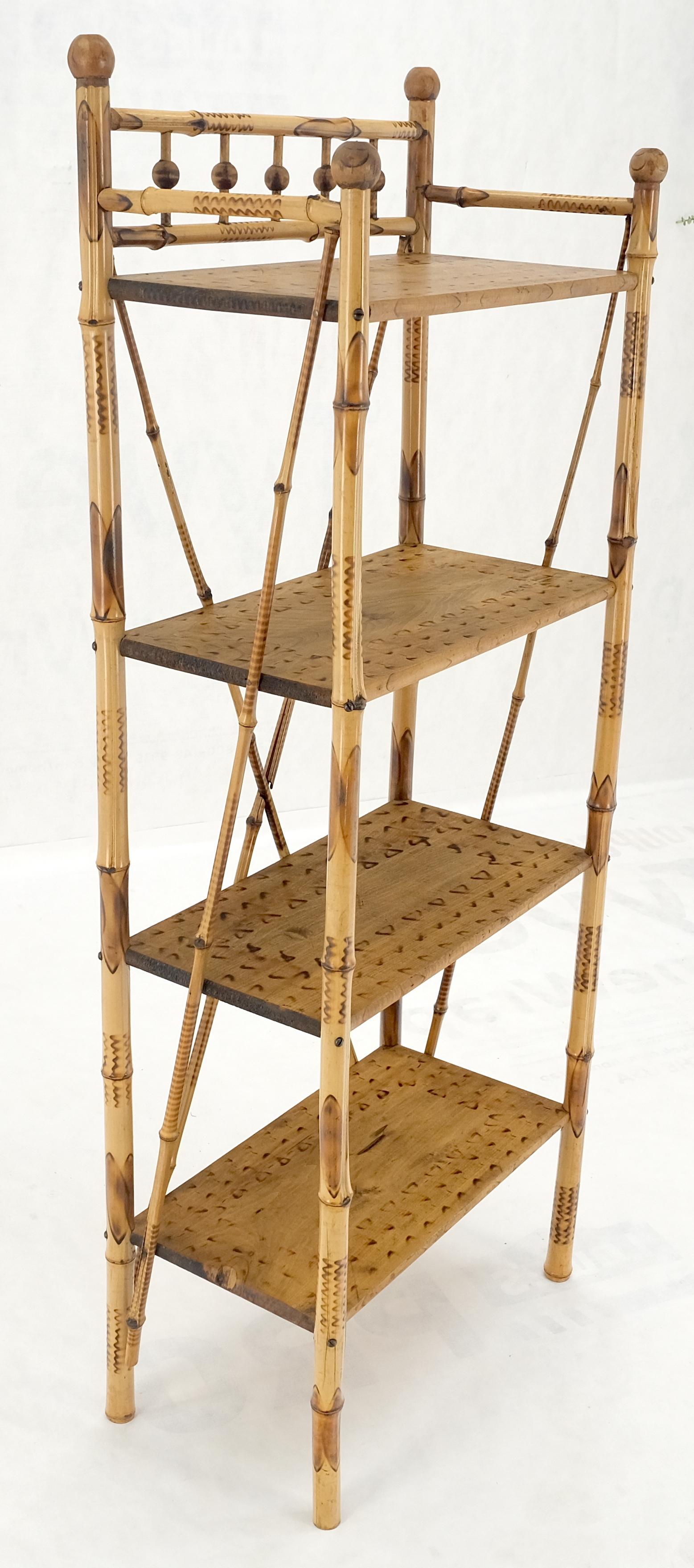20th Century Burnt Bamboo Ball Finials 4 Tier Small Decorative Etagere Shelving Bookcase MINT For Sale