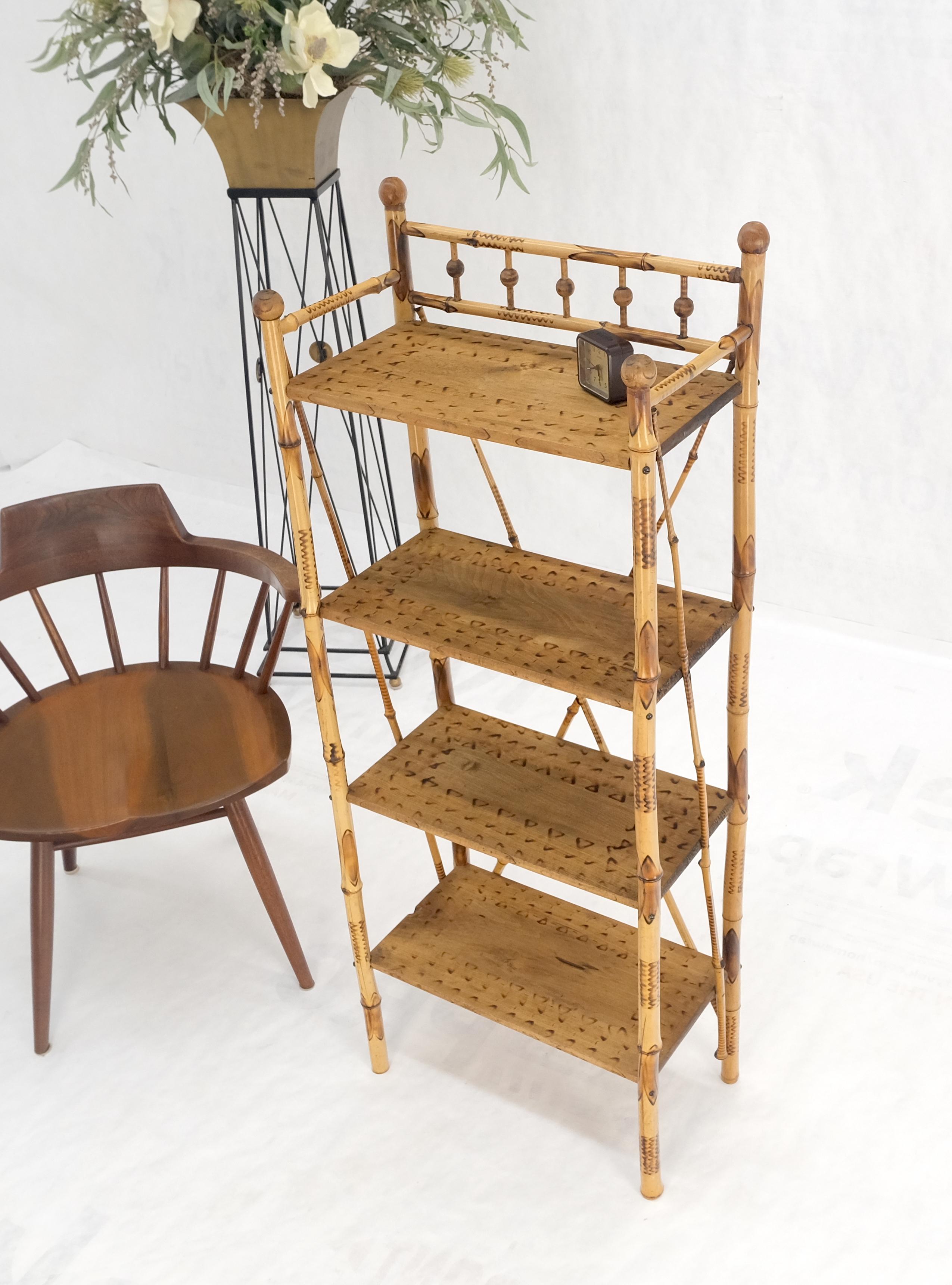 Burnt Bamboo Ball Finials 4 Tier Small Decorative Etagere Shelving Bookcase MINT For Sale 1