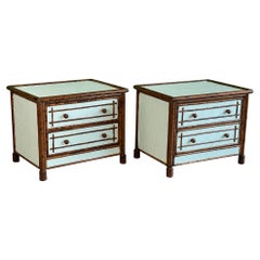 Burnt Bamboo British Colonial Rattan and Wicker Nightstands, a Pair