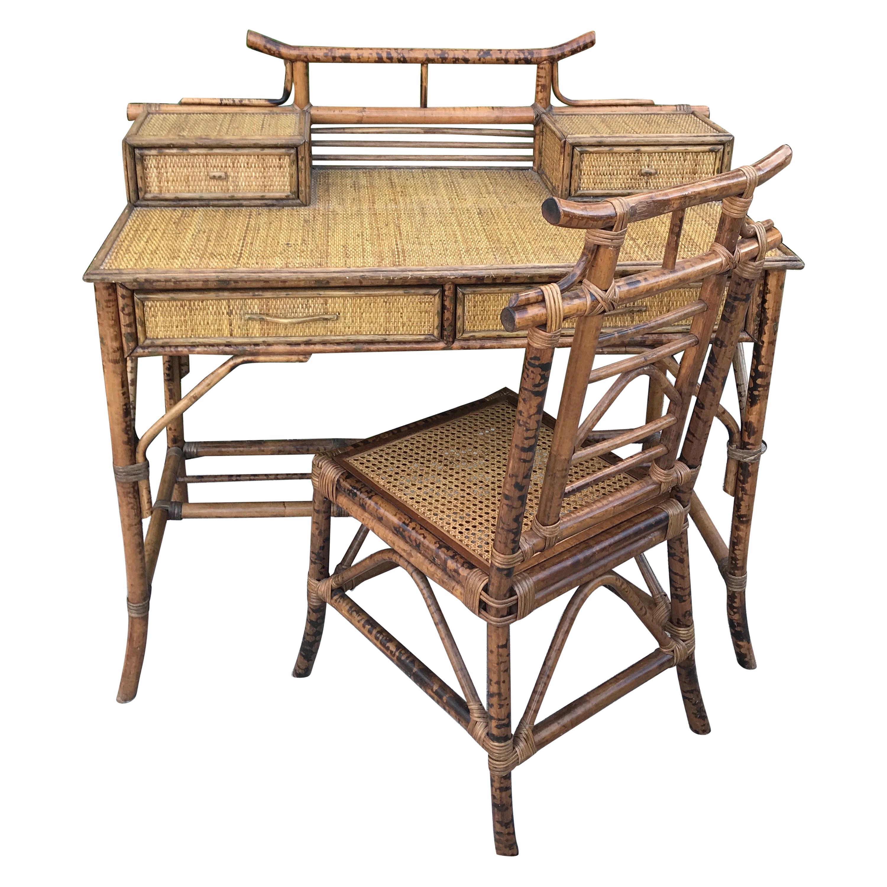 Burnt Bamboo Chinoiserie Desk and Chair