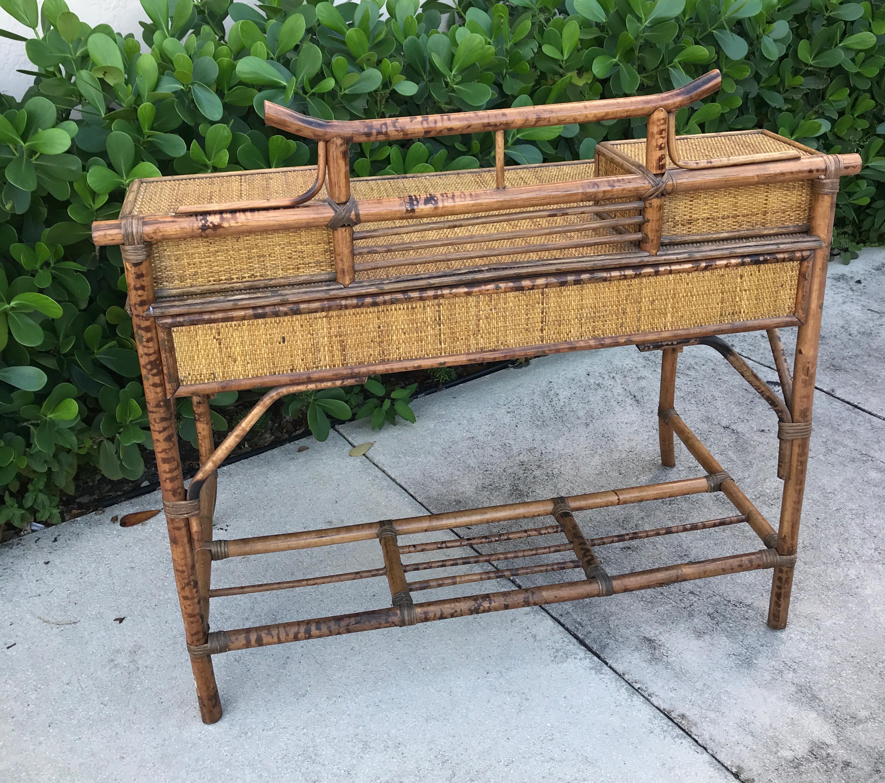 Burnt Bamboo Chinoiserie Desk and Chair In Good Condition In West Palm Beach, FL