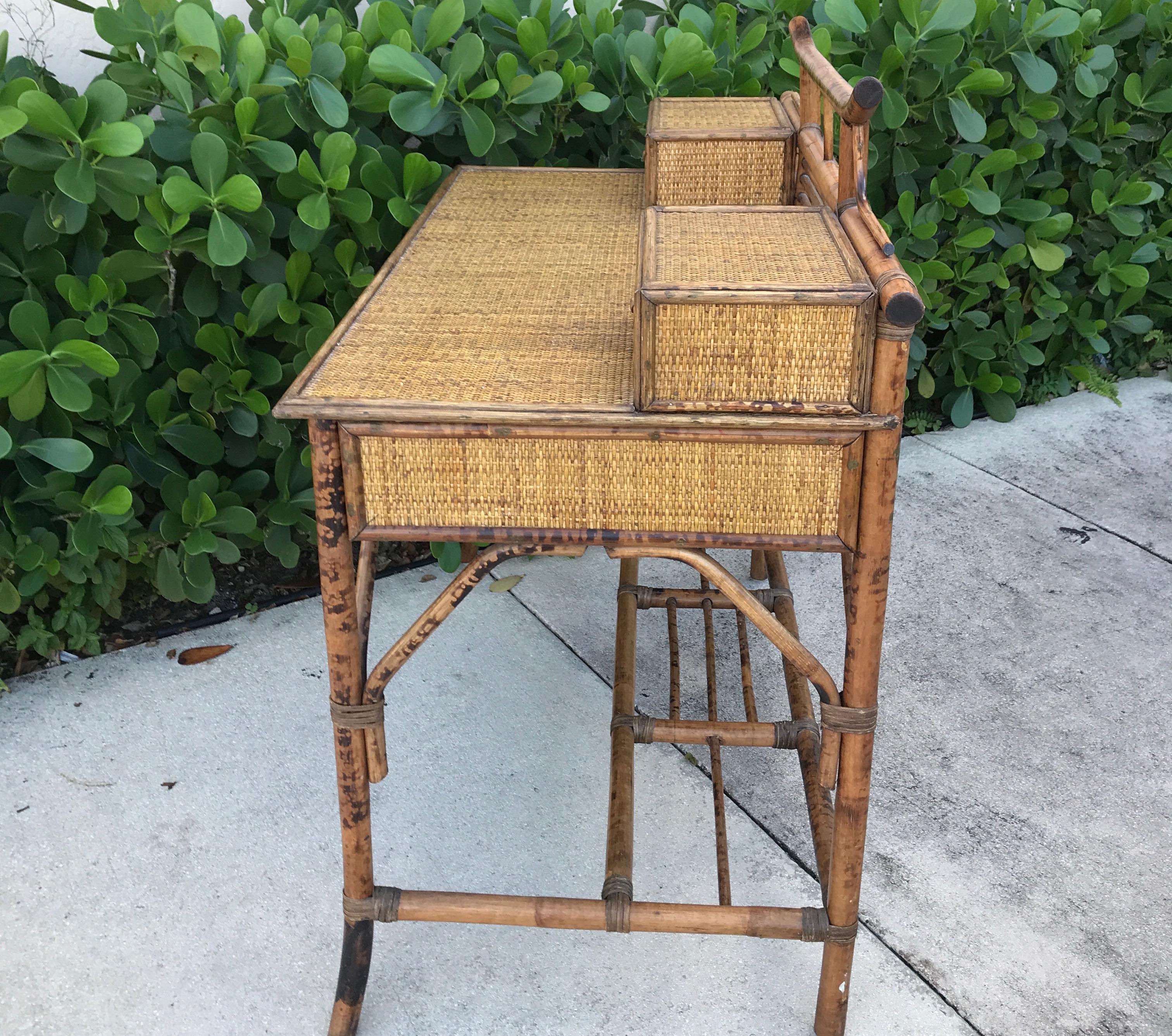 20th Century Burnt Bamboo Chinoiserie Desk and Chair