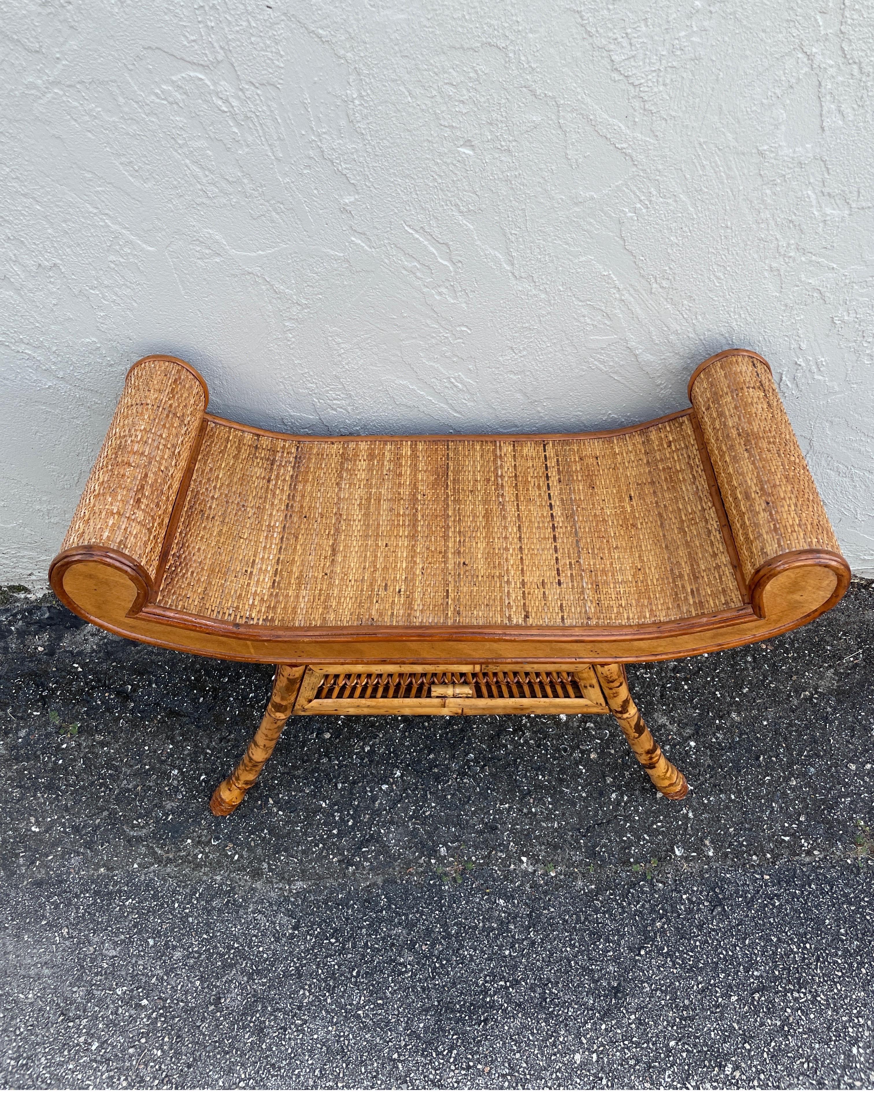Bamboo & rattan Chinoiserie inspired rolled arm bench with one drawer. A beautiful addition to any setting.