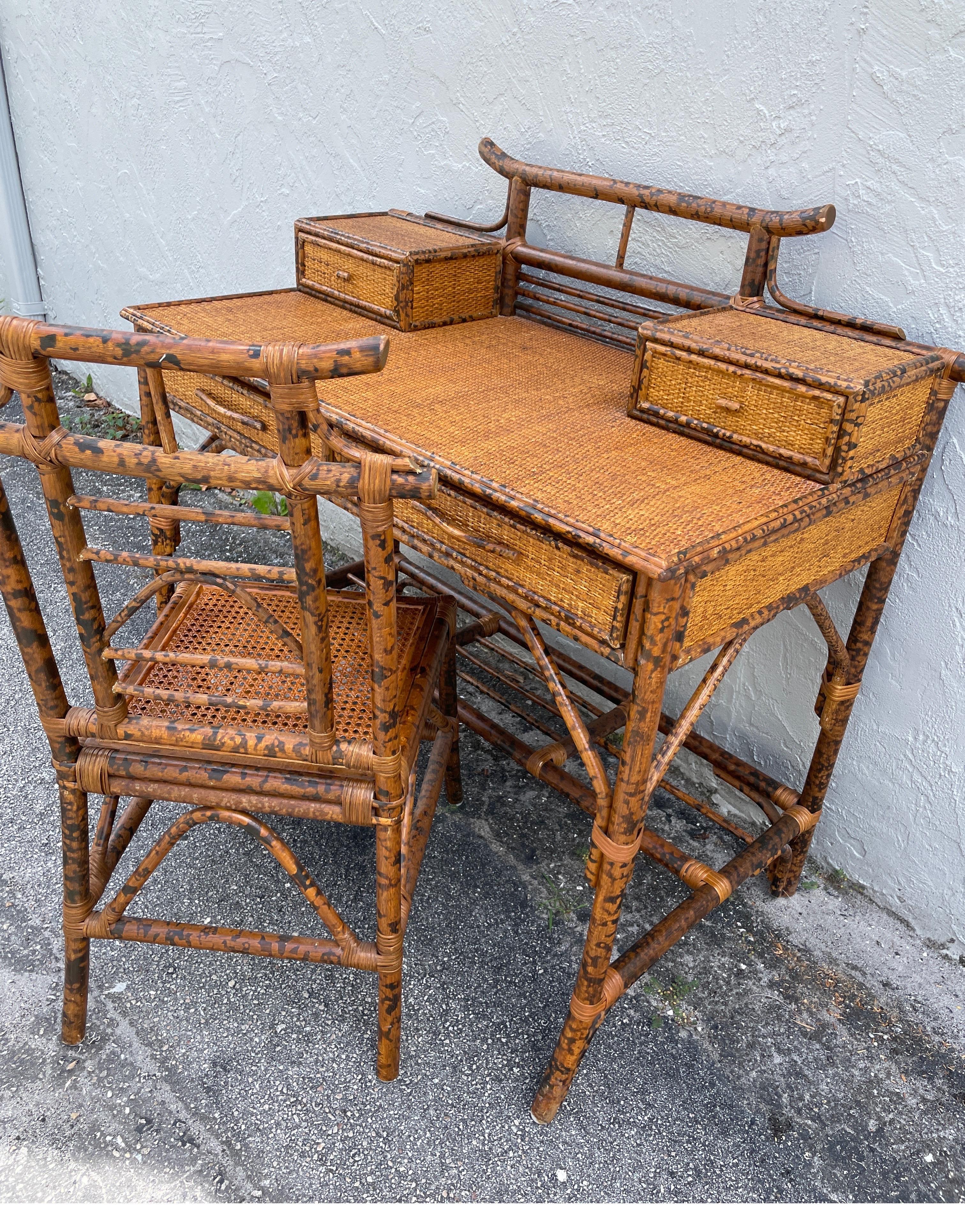 Burnt Bamboo Chinoiserie Style Desk & Chair set 8