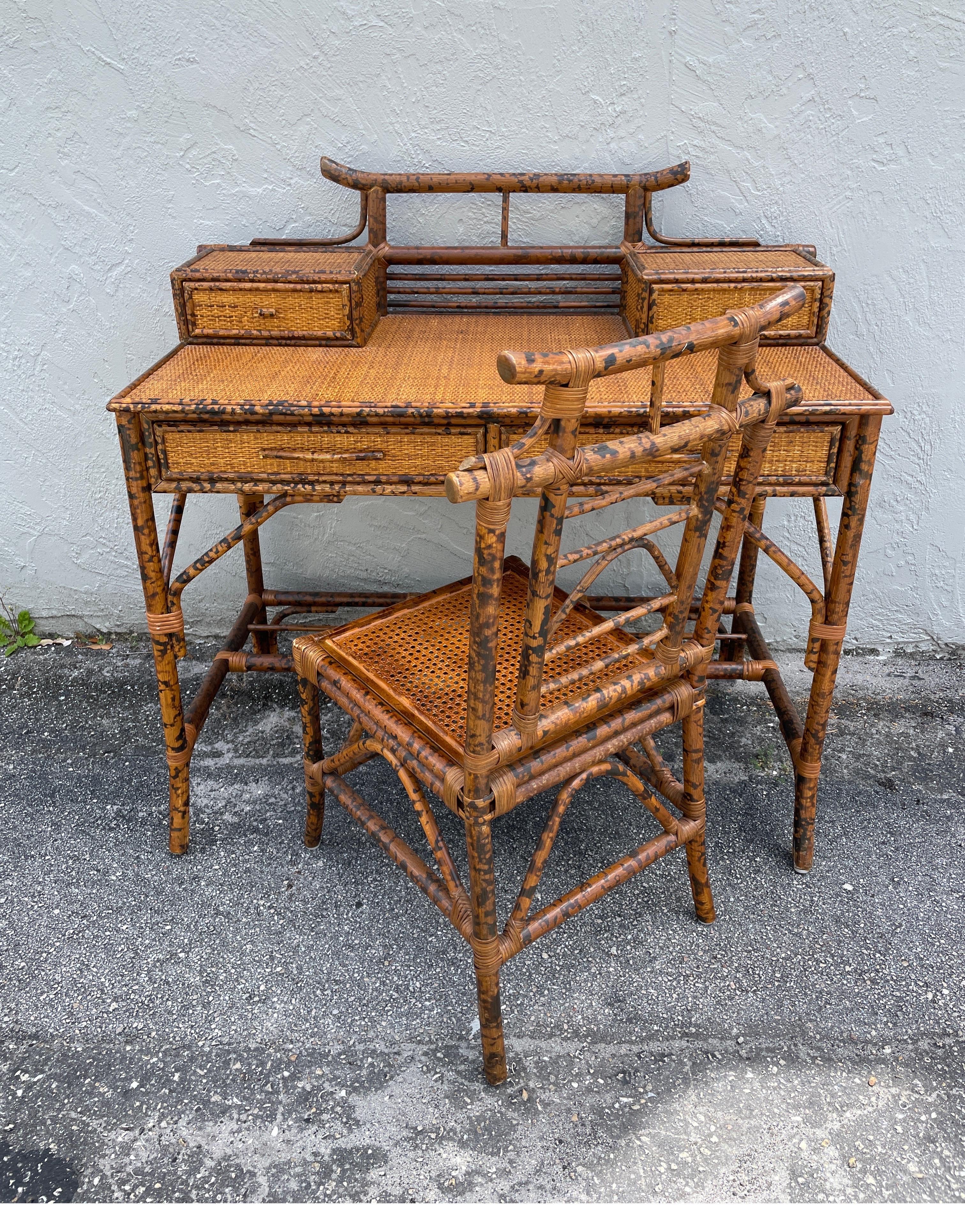 Burnt Bamboo Chinoiserie Style Desk & Chair set In Good Condition In West Palm Beach, FL