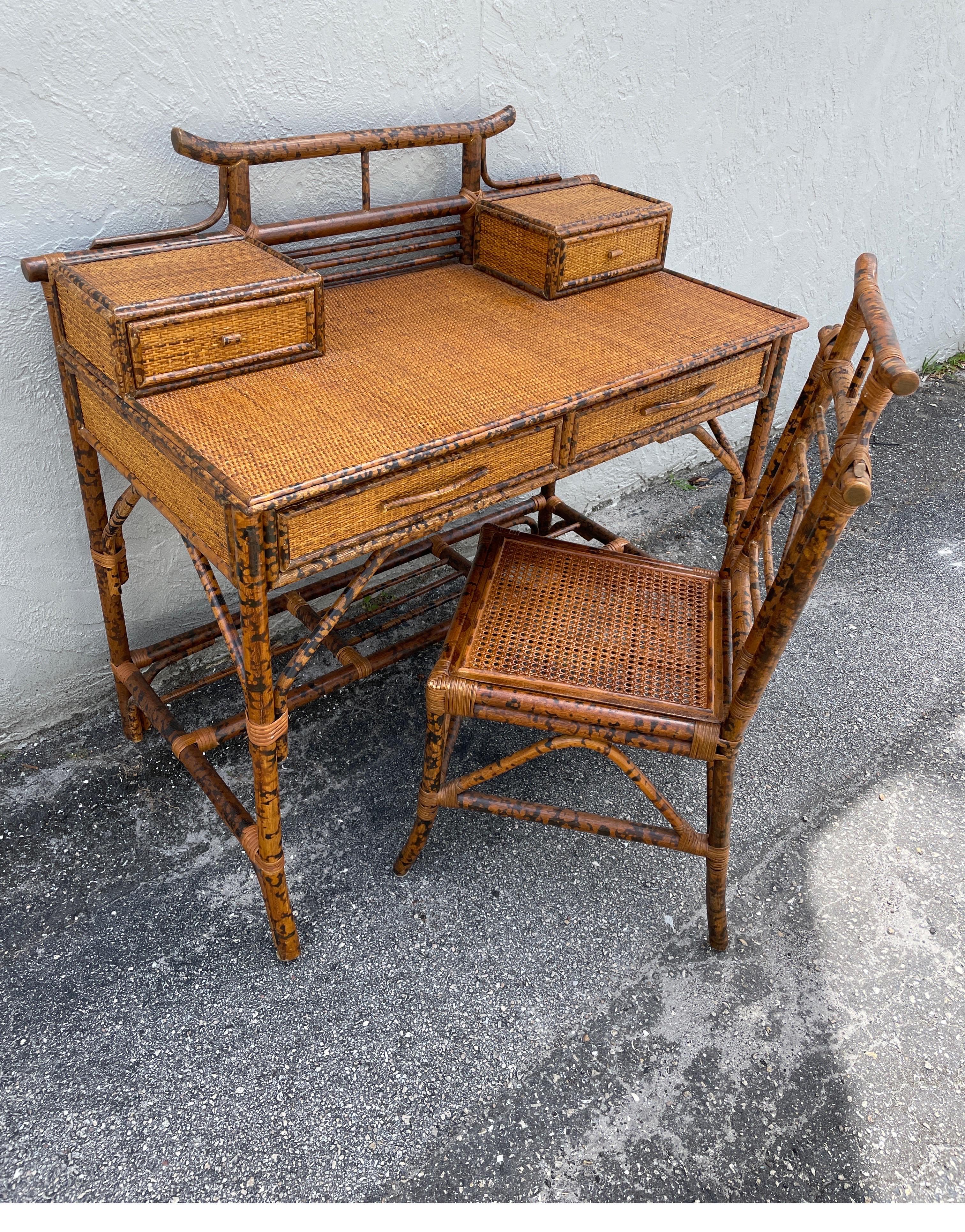 20th Century Burnt Bamboo Chinoiserie Style Desk & Chair set