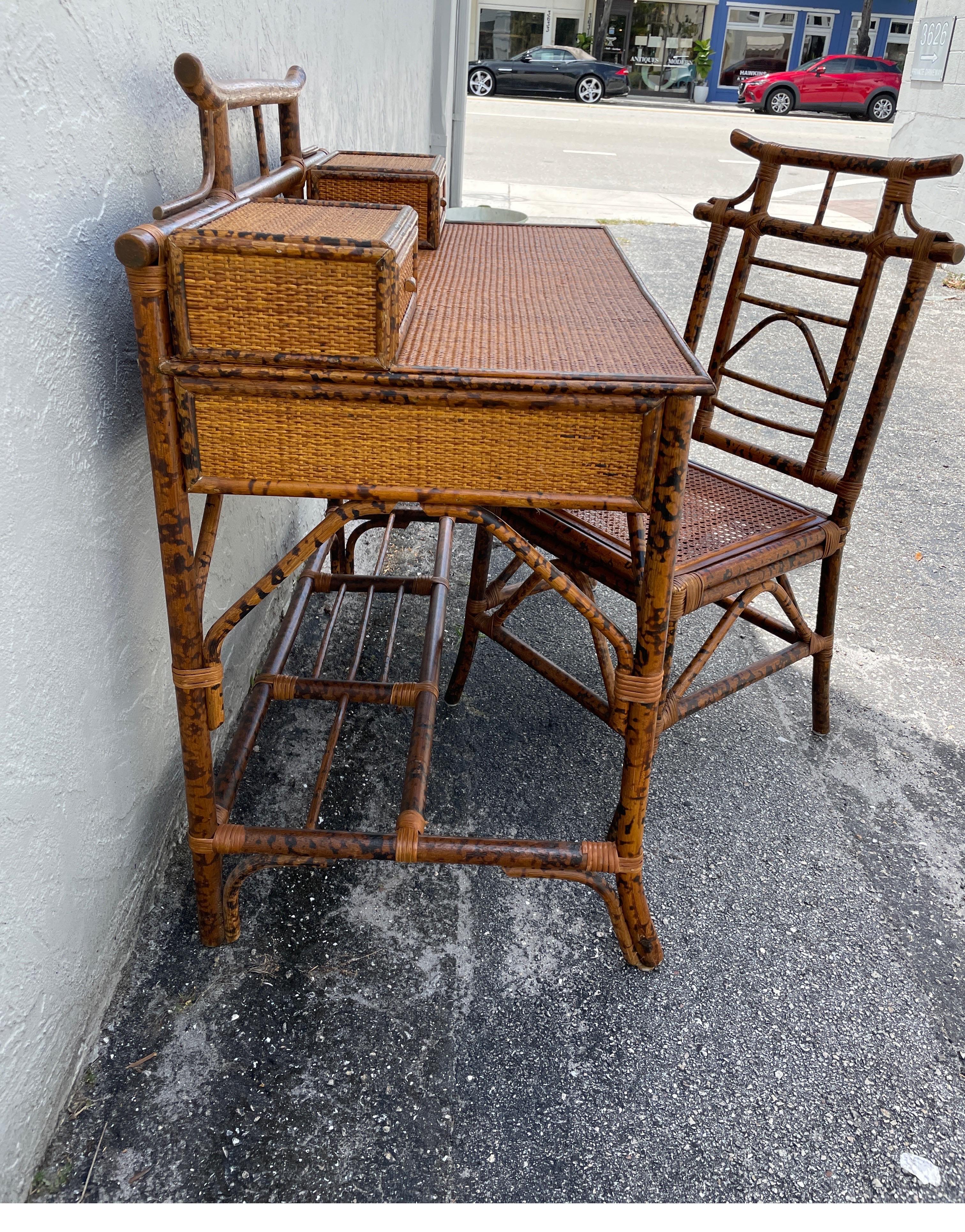 Burnt Bamboo Chinoiserie Style Desk & Chair set 1