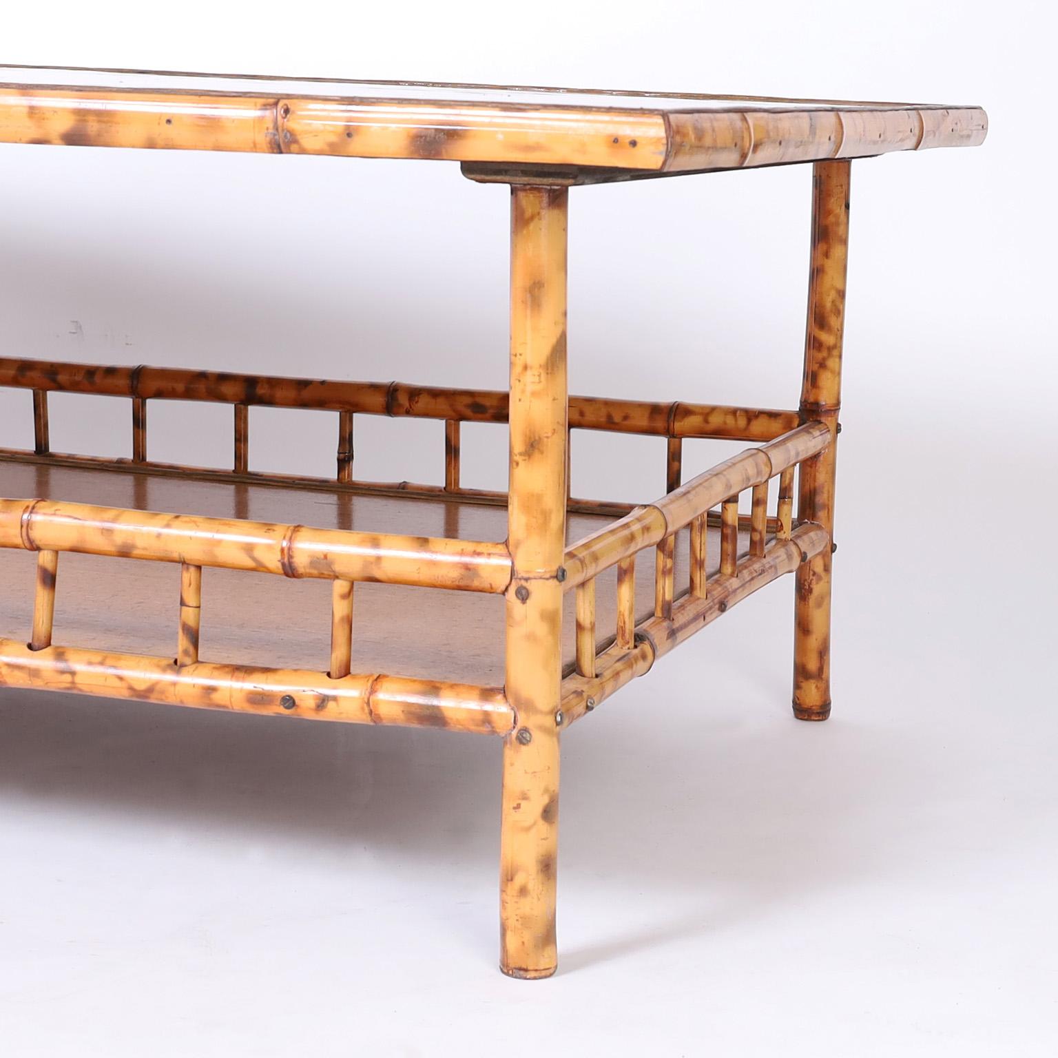 Lacquered Burnt Bamboo Coffee Table with a Decoupage Top For Sale